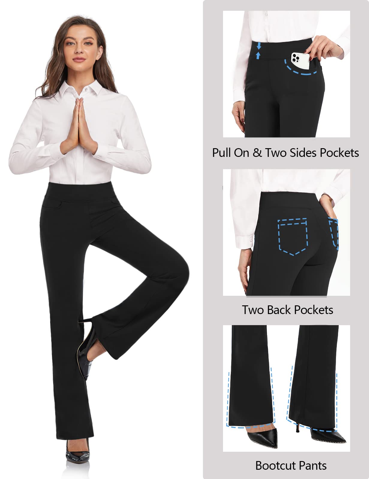 SEVEGO Women's Bootcut Yoga Dress Pants High Waist Stretch Work Pants with Pockets, 35" Black, L