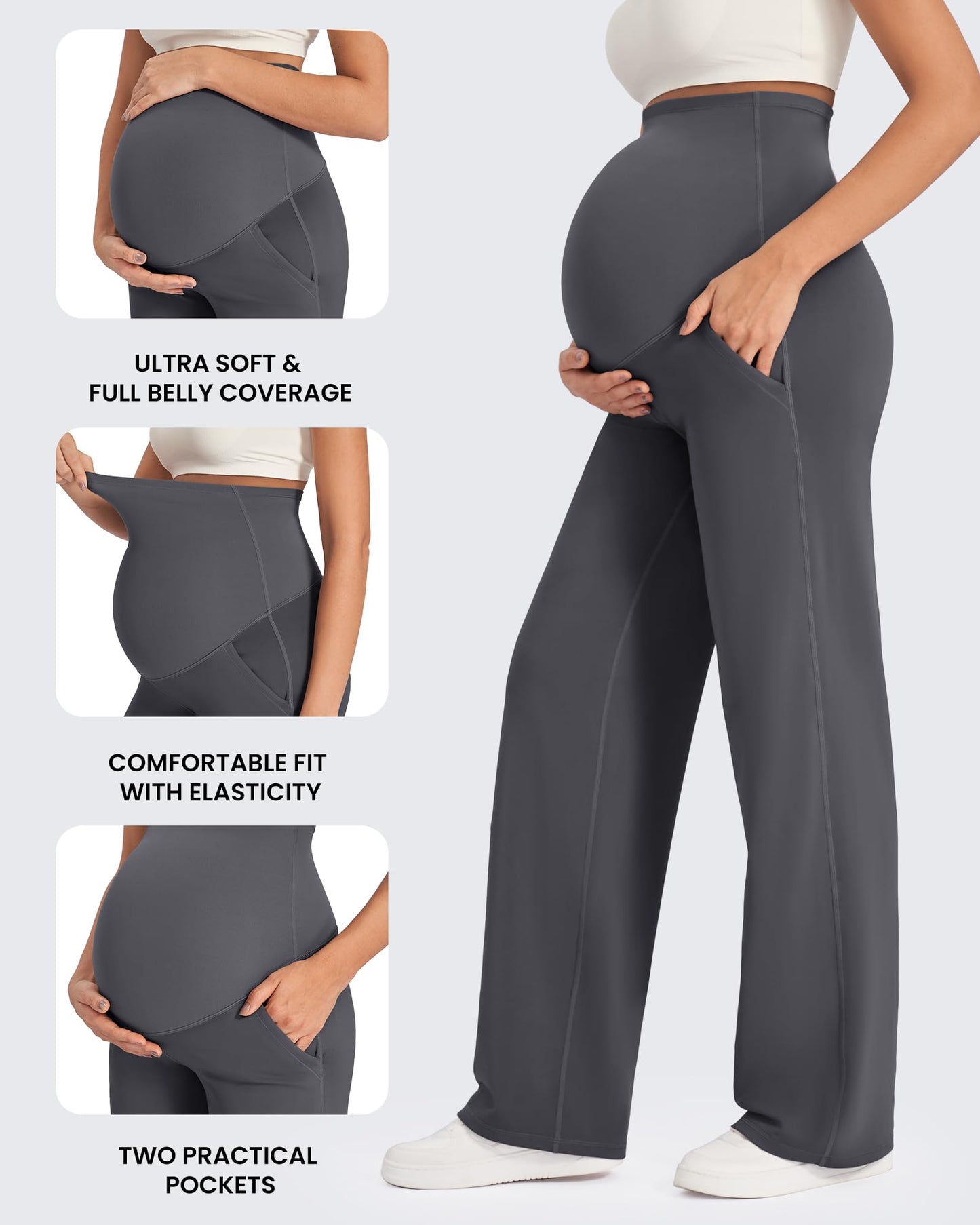 G4Free Women's Maternity Pants Casual Loose Wide Leg Cozy Pant Pregnancy Clothes Yoga Dress Work Trousers with Pockets (Dark Gray,M,32")