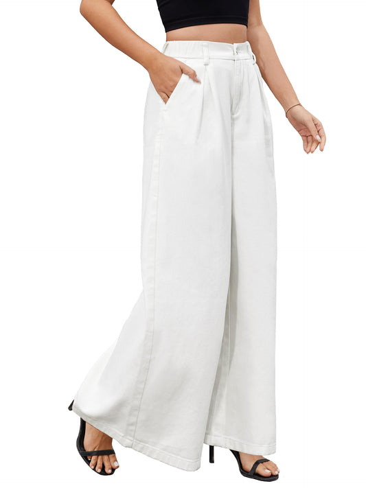 Tapata Women's 33" Inseam Tall Wide Leg Jeans High Waisted Baggy Denim Pants Palazzo Trousers, White, L