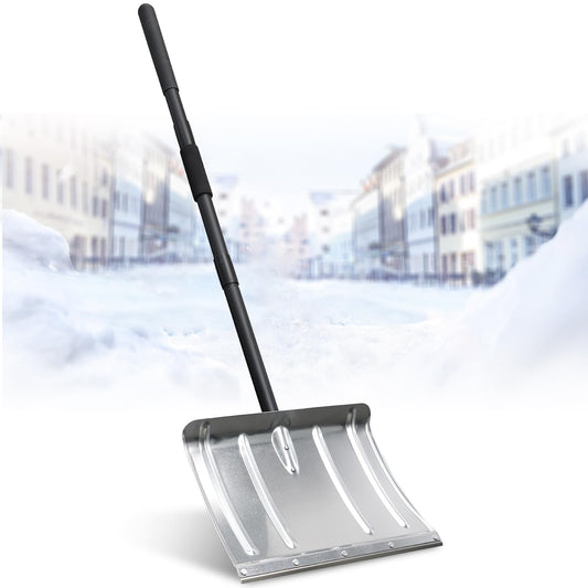 Snow Shovel for Driveway, Heavy Duty Aluminum Snow Removal Shovel - 67" Long Handle Ergonomic Metal Snow Push Shovel, Portable for Car Trunk Home Garage Backyard Walkway Parking