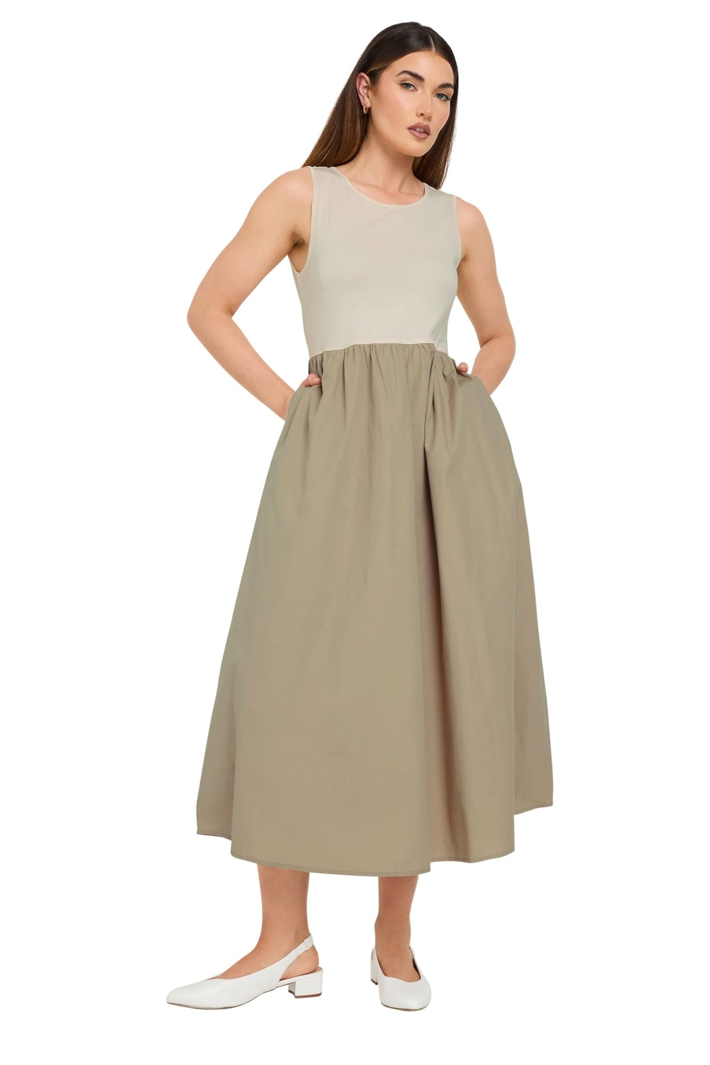 Long Tall Sally LTS Tall Jersey & Woven Mix Fabric Midi Dress Beige 6