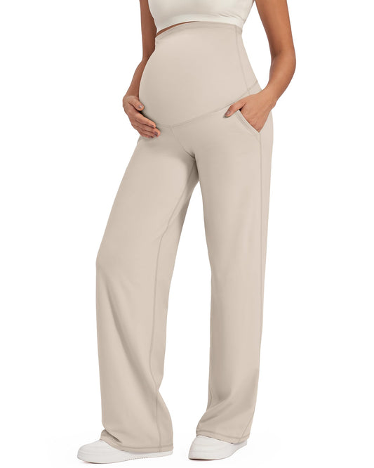 G4Free Maternity Clothes Wide Leg Outfits Pregnancy Dress Work Pants High Waist Yoga Pants with Pockets Winter Trousers(Light Khaki,L,32")
