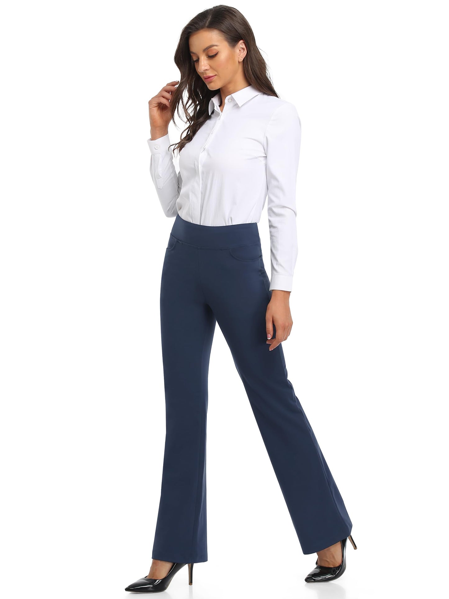 SEVEGO Women's Bootcut Yoga Dress Pants High Waist Stretch Work Pants with Pockets, 33" Deep Blue, XXL