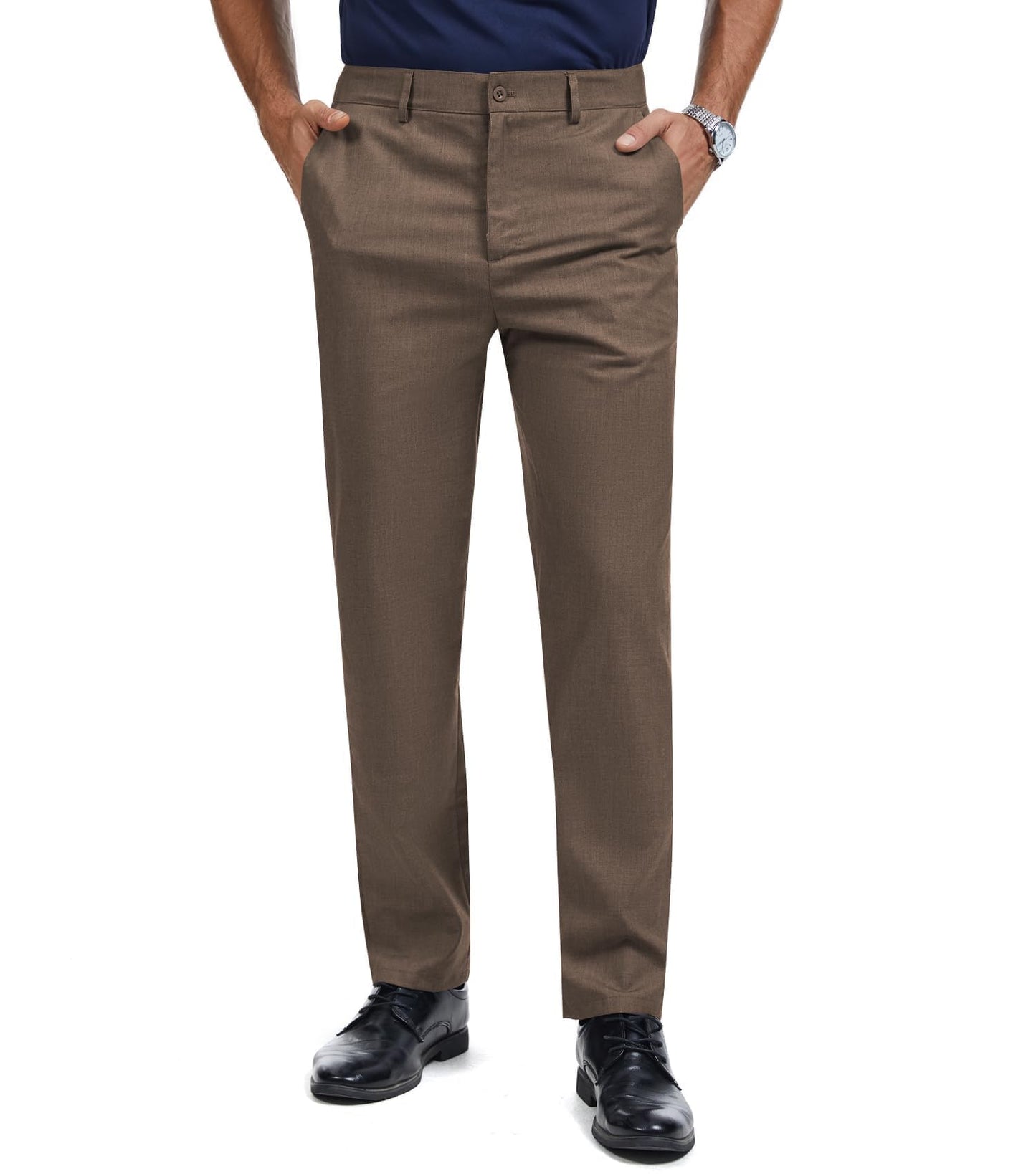 Men's Tall Classic Fit Flex Flat Front Dress Pants Formal Pants for Business & Office Coffee