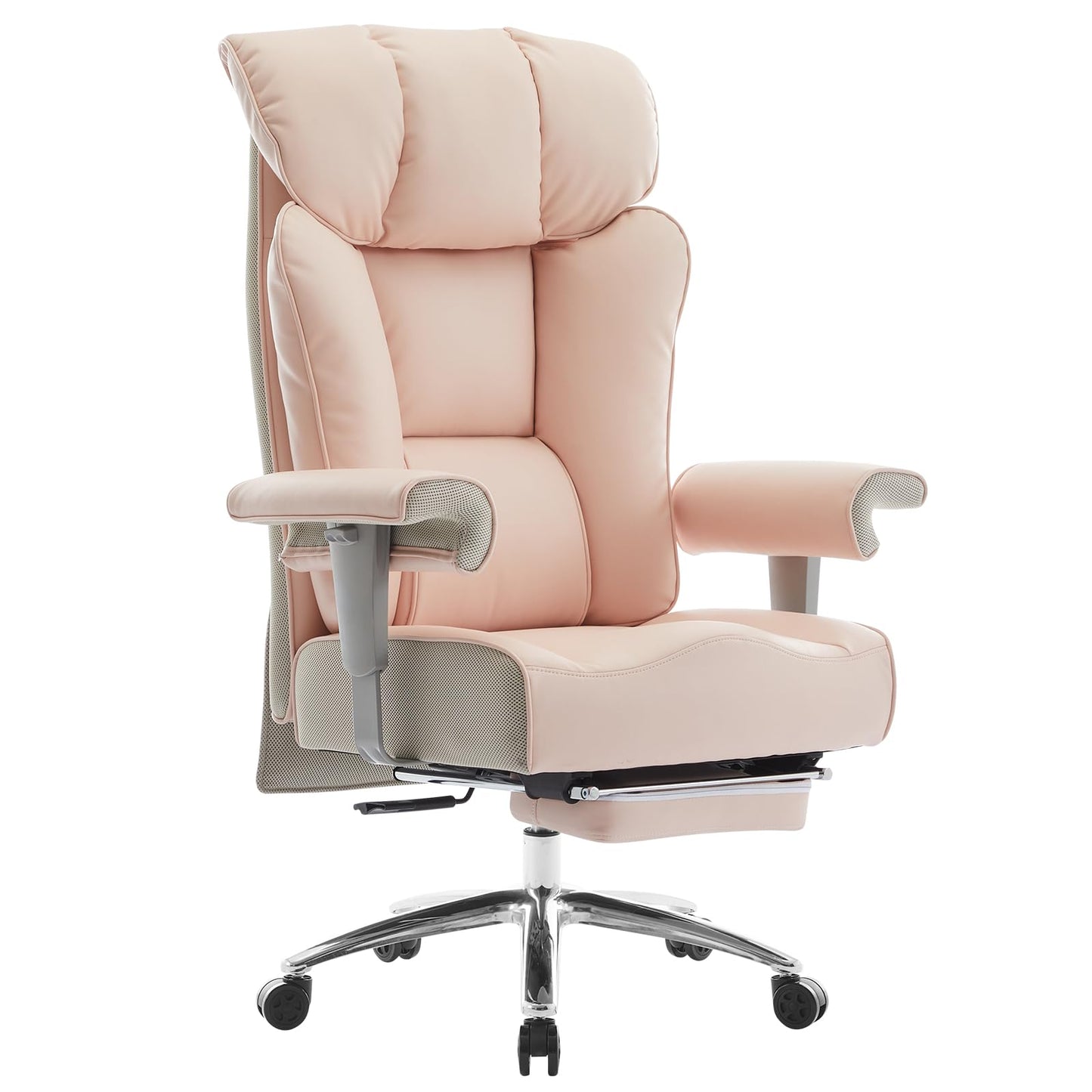 Efomao Big and Tall Ergonomic Office Chair 450LBS with Foot Rest, High Back PU Leather Executive Chair with Adjustable Padded Armrests, Lumbar Support for Home or Work, Heavy Duty Computer Chair, Pink
