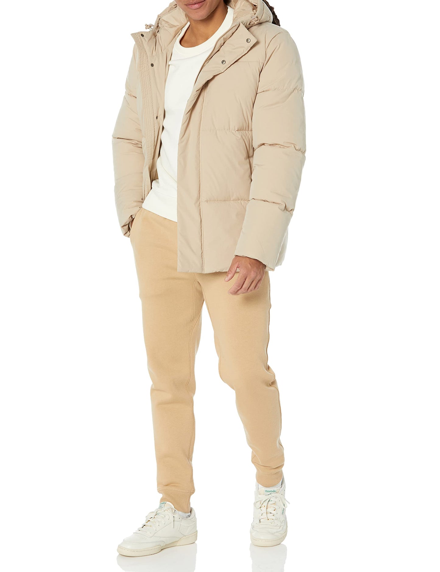 Amazon Essentials Men's Mid-Length Hooded Puffer Coat (Available in Big & Tall), Tan, 4X-Large Big Tall