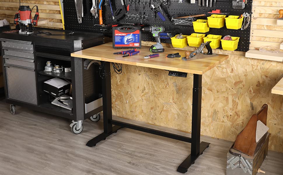 WORKPRO Dual Motor 48" Electric Height Adjustable Workbench, 500 LBS Load Capacity 48"x24" Wooden Top and Memory Keypad, Work Table for Workshop, Garage, 28-3/4" to 48-7/16 Lift Range