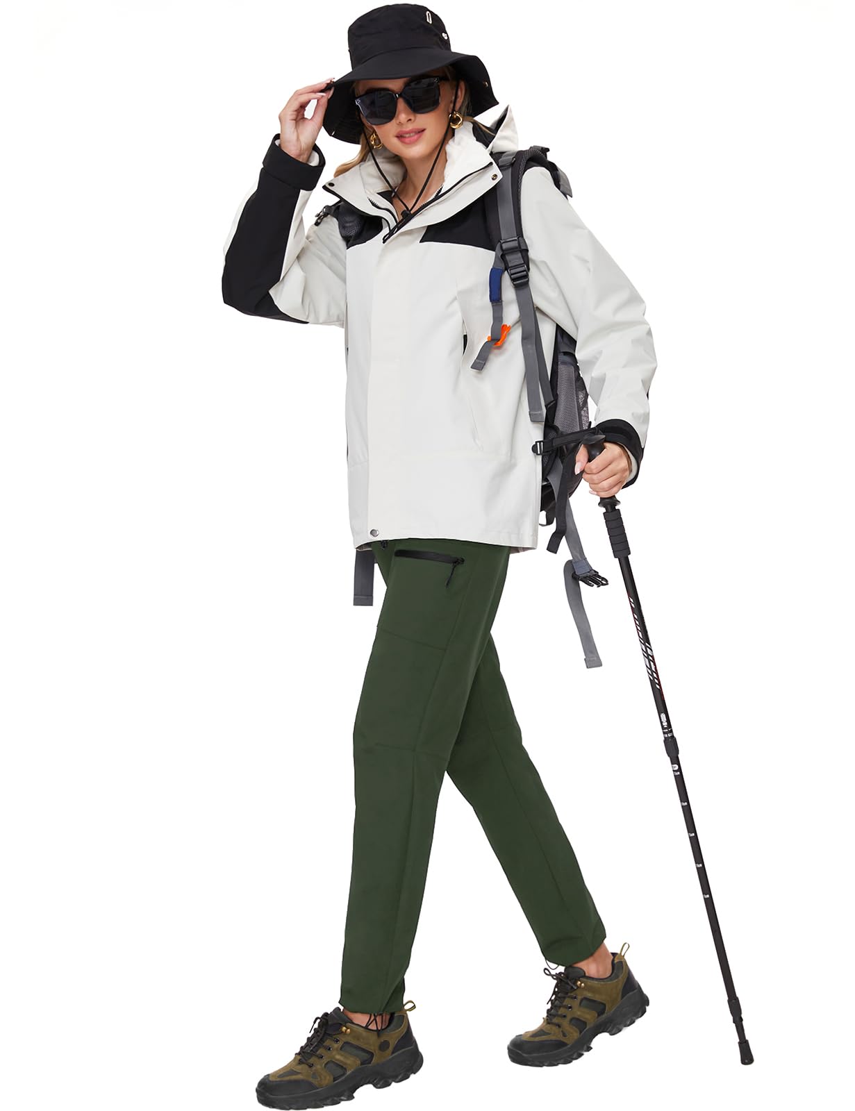 SEVEGO Womens Hiking Pants Tall Inseam 34" Athletic Cargo Pants Lightweight 4 Zipper Pockets Water Resistant Elastic Waist, Green, L