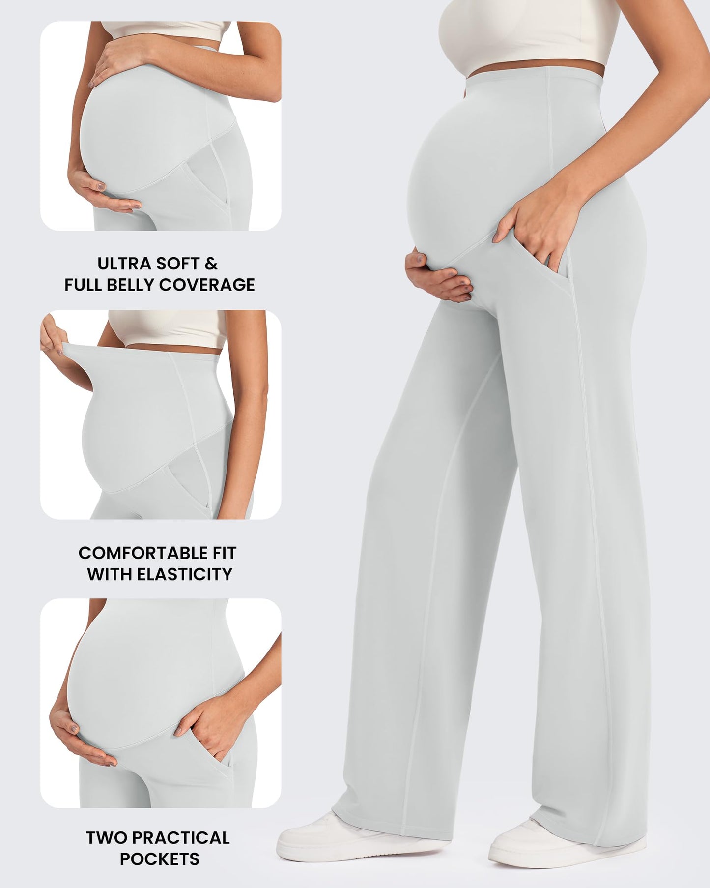 G4Free Maternity Pants for Work High Waist Straight Palazzo Pants with Pockets for Athletic Yoga (Light Gray,XL,32")