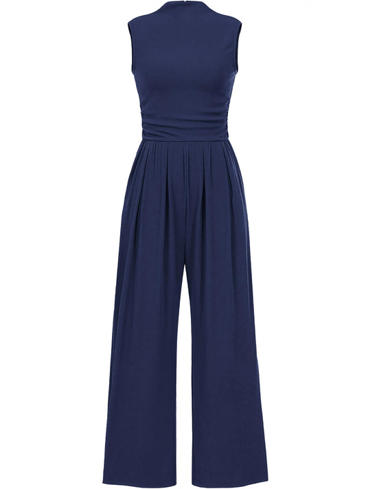 Tapata Women's Jumpsuits Dressy Casual One Piece Outfits Sleeveless Rompers Wide Leg Pants with Pockets, Tall, Navy Blue, Large