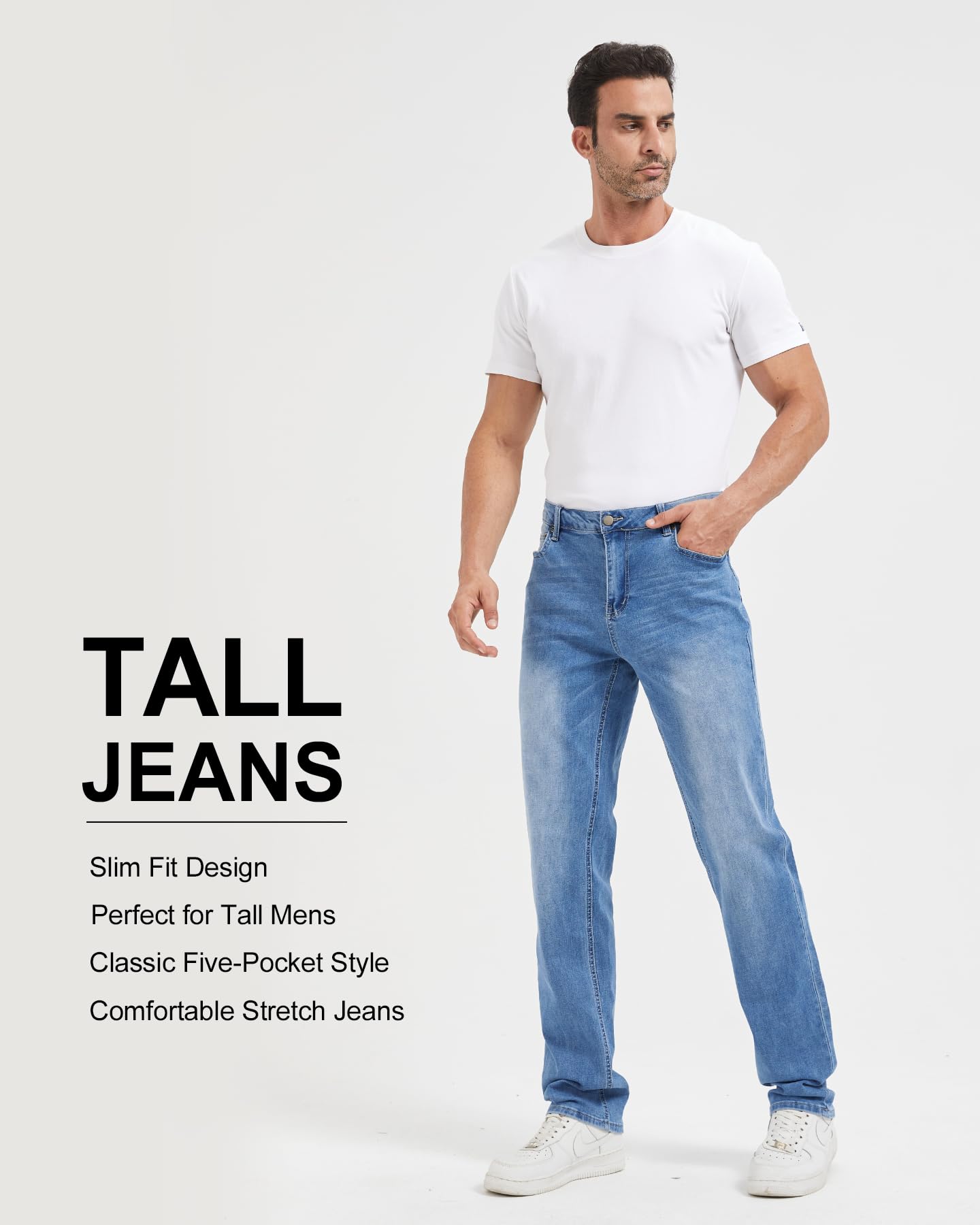 Zylioo 36,34 Inseam Tall Jeans for Men, Extra Long Slim Fit Stretch Denim, Tall Size Pants with 5 Pockets