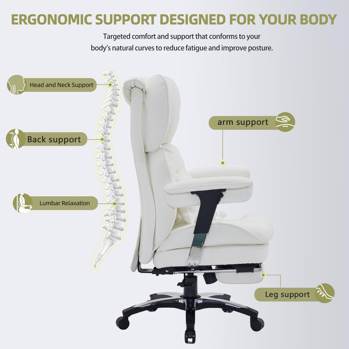 Efomao White Big and Tall Office Chair with Footrest – Ergonomic High-Back Computer Chair with Adjustable Armrests, Wide Seat – Modern Home Office, Gaming & Study Chair for Young Professionals