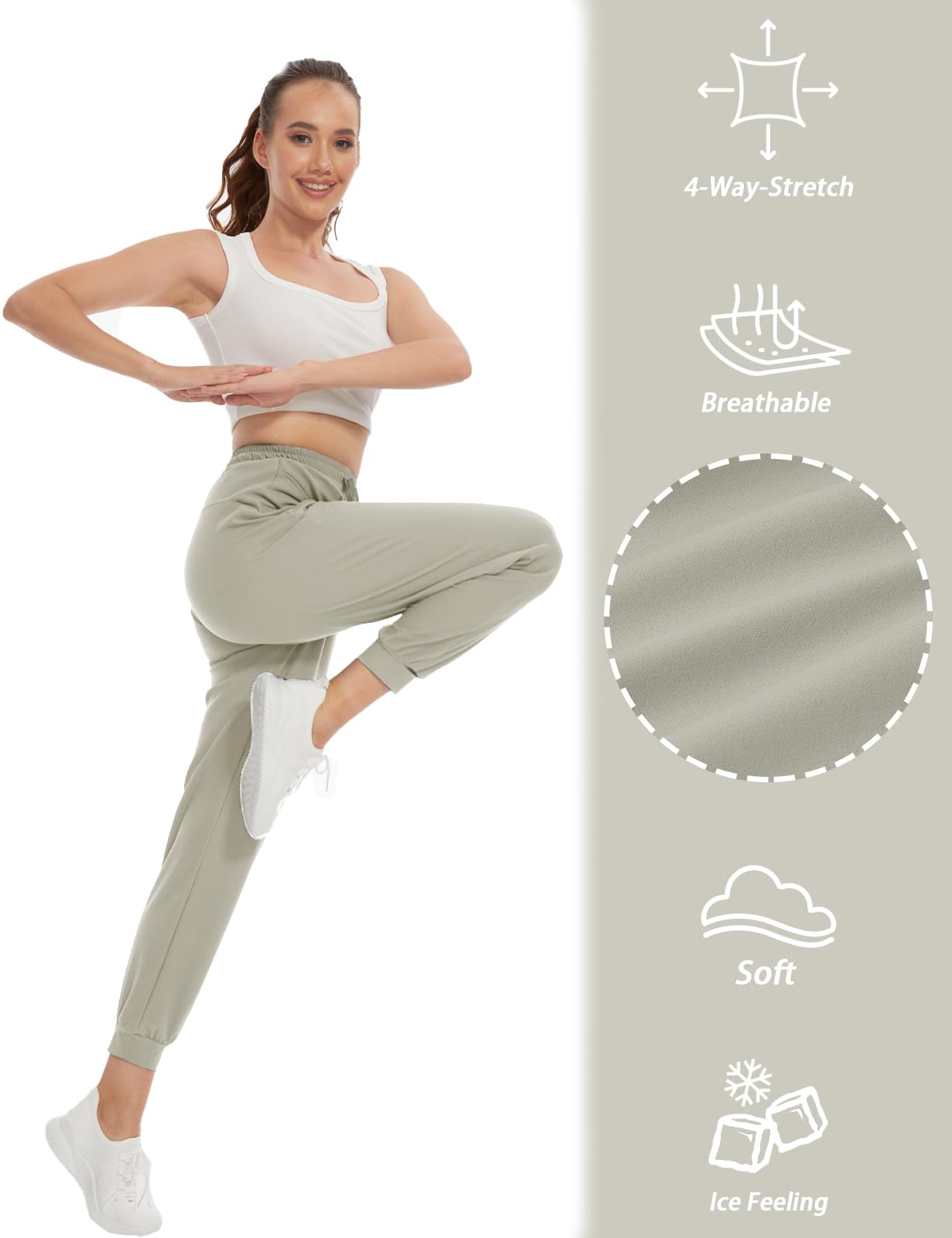 SEVEGO Women's 34" Tall Inseam Joggers Lightweight Sweatpants Zipper Pockets Athletic Workout Lounge Pants Khaki, S