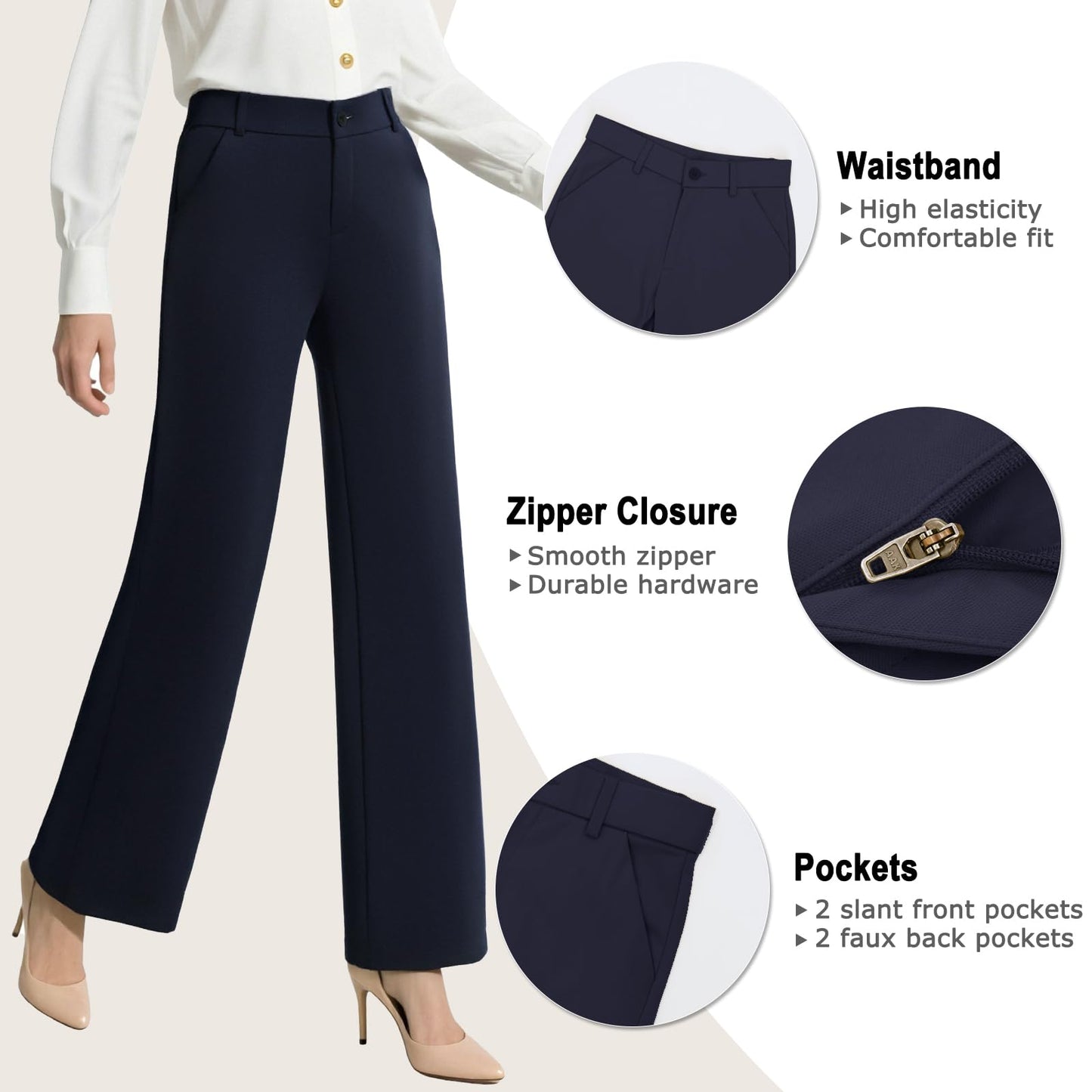 iChosy Womens High Waist Wide Straight Leg Trousers Casual Slacks Dress Pants with Pockets Navy 16 Tall