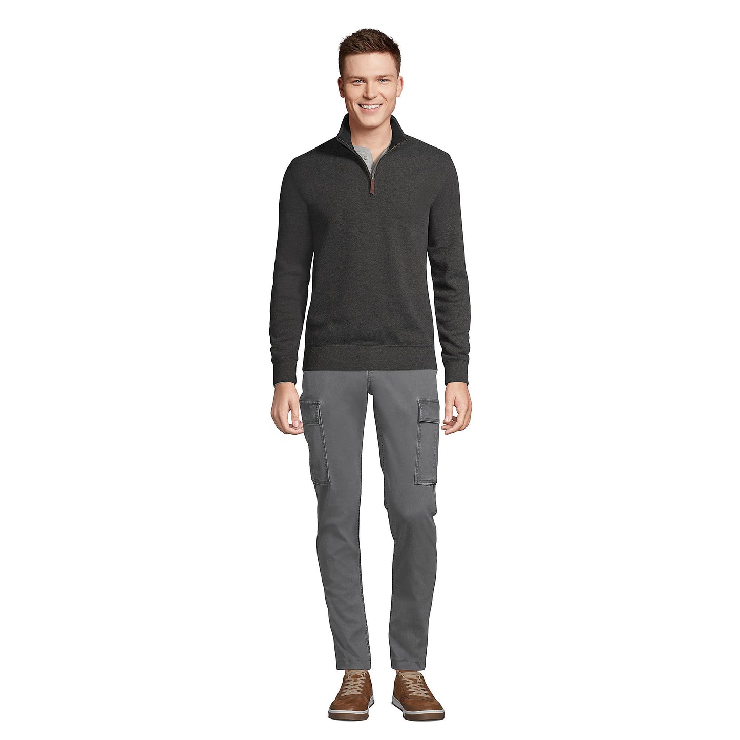 Lands' End Mens Bedford Rib Quarter Zip Sweater Dark Charcoal Heather Tall X-Large