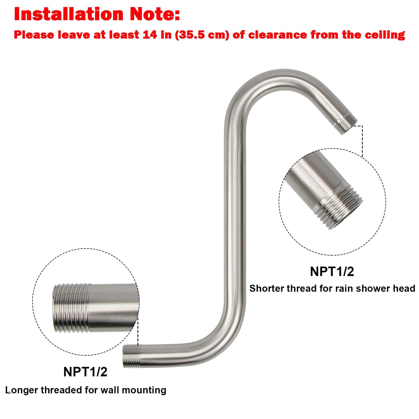 NearMoon S Shaped Shower Head Riser Pipe, Shower Extender Arm with Flange, Standard 1/2" Connection- Bathroom Accessory, 10 Inch (1 Pack, Brushed Nickel)