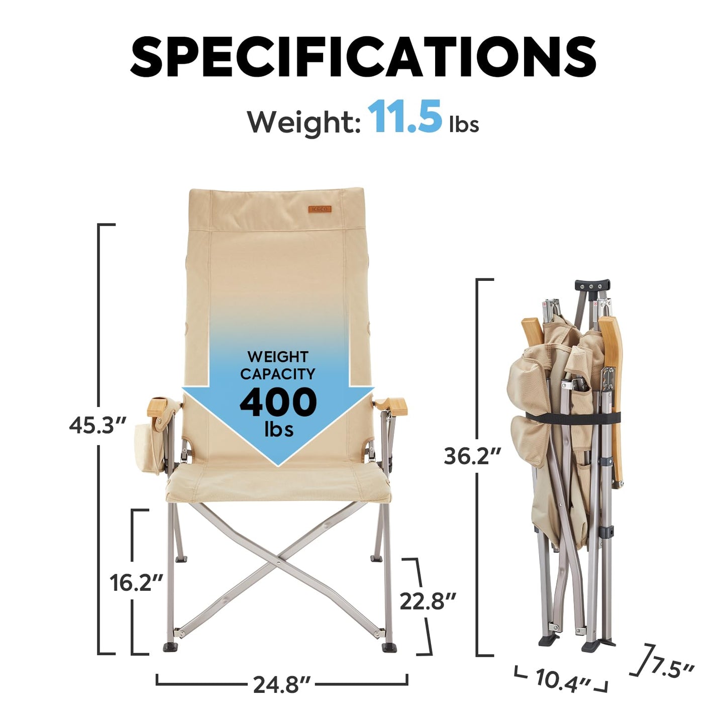 ICECO Adjustable Camping Chairs for Adults, Foldable High Back Camping Chair, Portable Folding Chairs for Outside, Reclining Outdoor Chair with Storage Bag, 400LBS, 10 Years Warranty