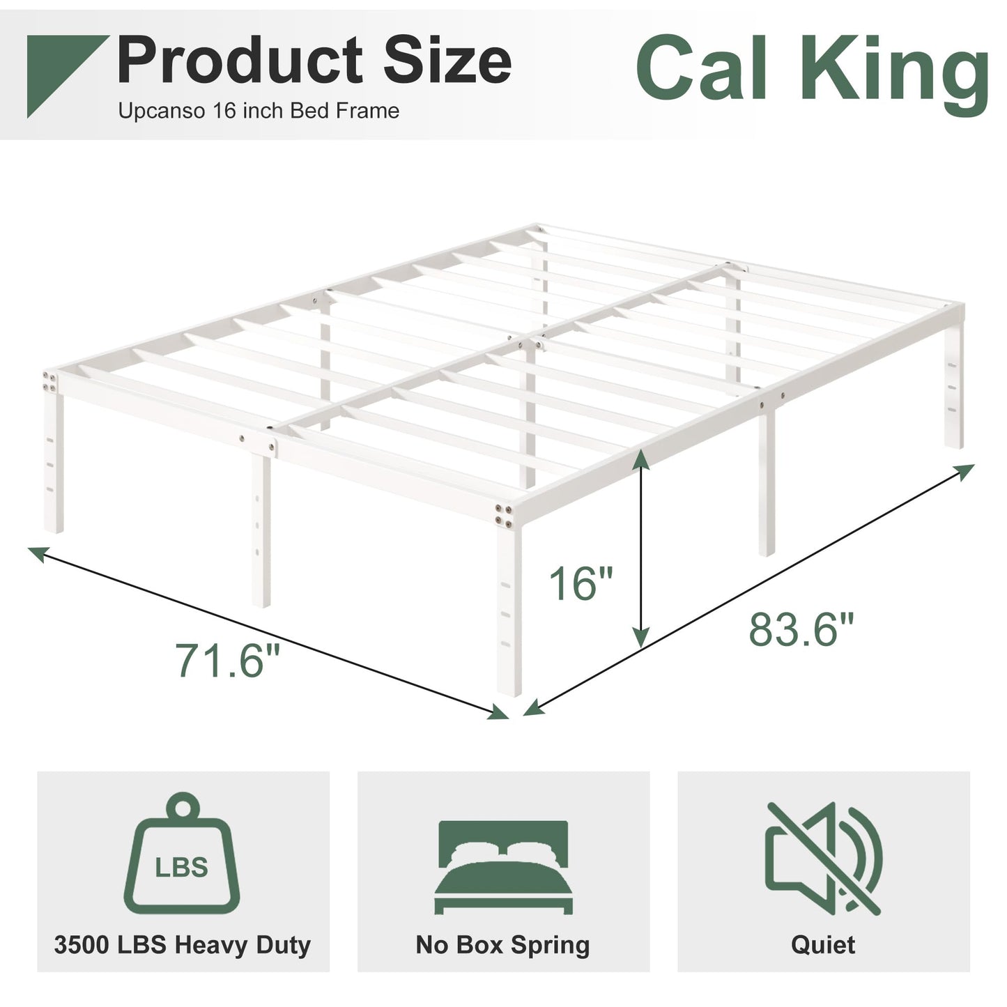 Upcanso 16 Inch White California King Bed Frames No Box Spring Need, Platform Cal King Bed Frame with High Storage, Eassy Assembly 3,500 lbs Heavy Duty Bedframes