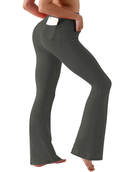 BUBBLELIME 29"/31"/33"/35" 4 Styles Women's High Waist Bootcut Yoga Pants - Out Pockets_OLIVEGRAY M-35 Inseam