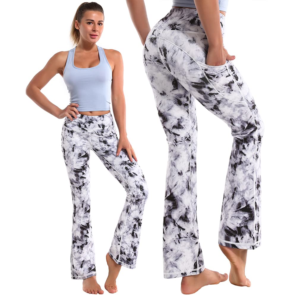 BUBBLELIME 29"/31"/33"/35" 4 Styles Women's Tummy Control Bootcut Yoga Pants - Side Pockets_Black Dandelion XL-37 Inseam