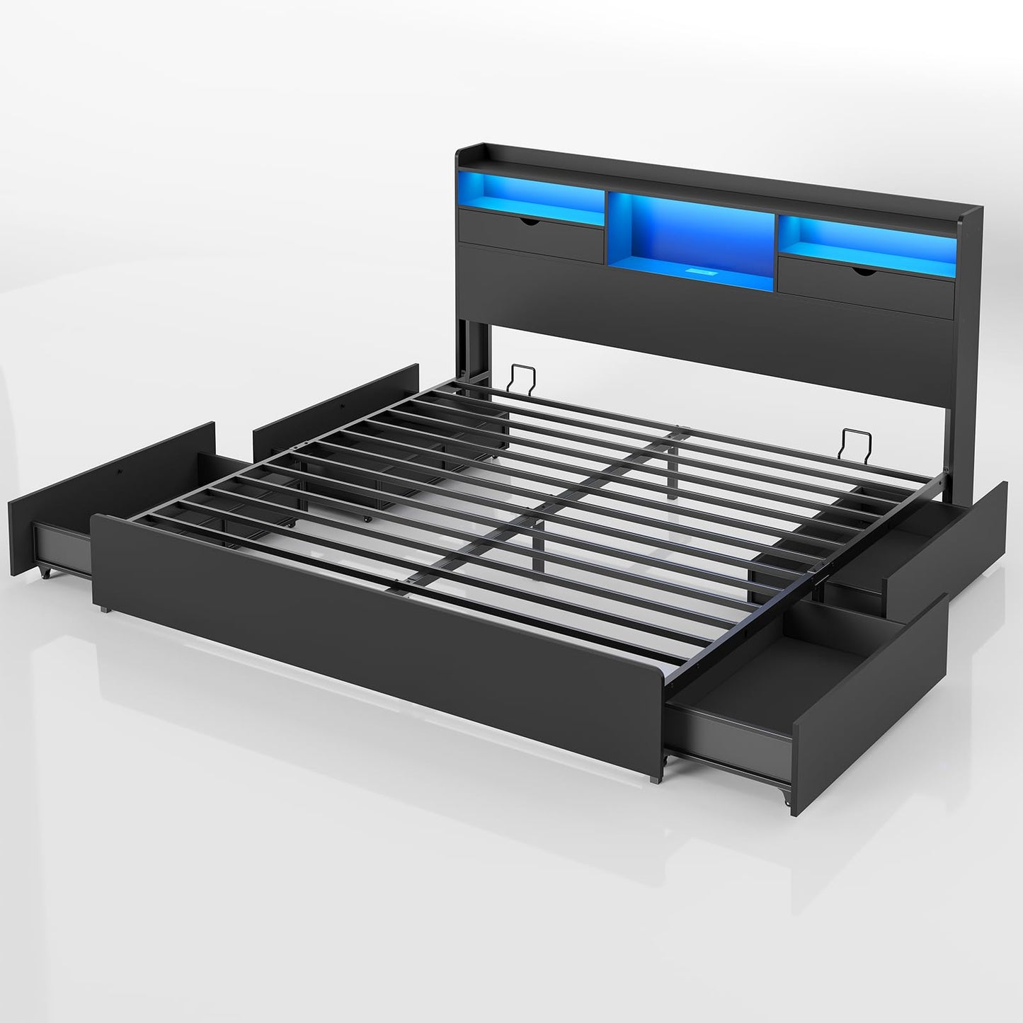 DICTAC California King Bed Frame with Bookcase Headboard and Storage, 4 Large Drawers, Wooden Platform Bed Frame with LED Lights, Charging Station, Strong Metal Slats, No Box Spring Required, No Noise