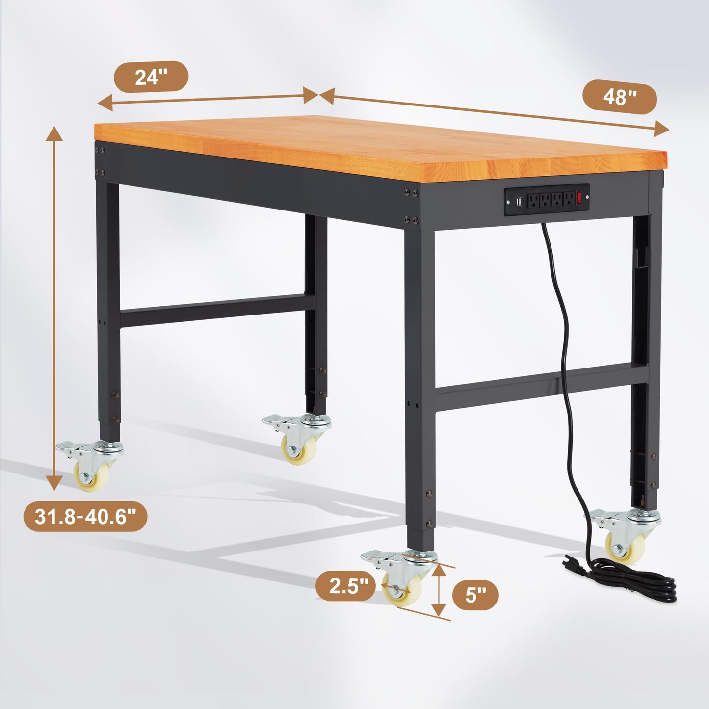 HABUTWAY Height Adjustable Workbench with Wheels 48" x 24" 2000 Lbs Capacity Solid Wood Work Station Heavy-Duty Rolling Work Tables for Garage Party Shop Office