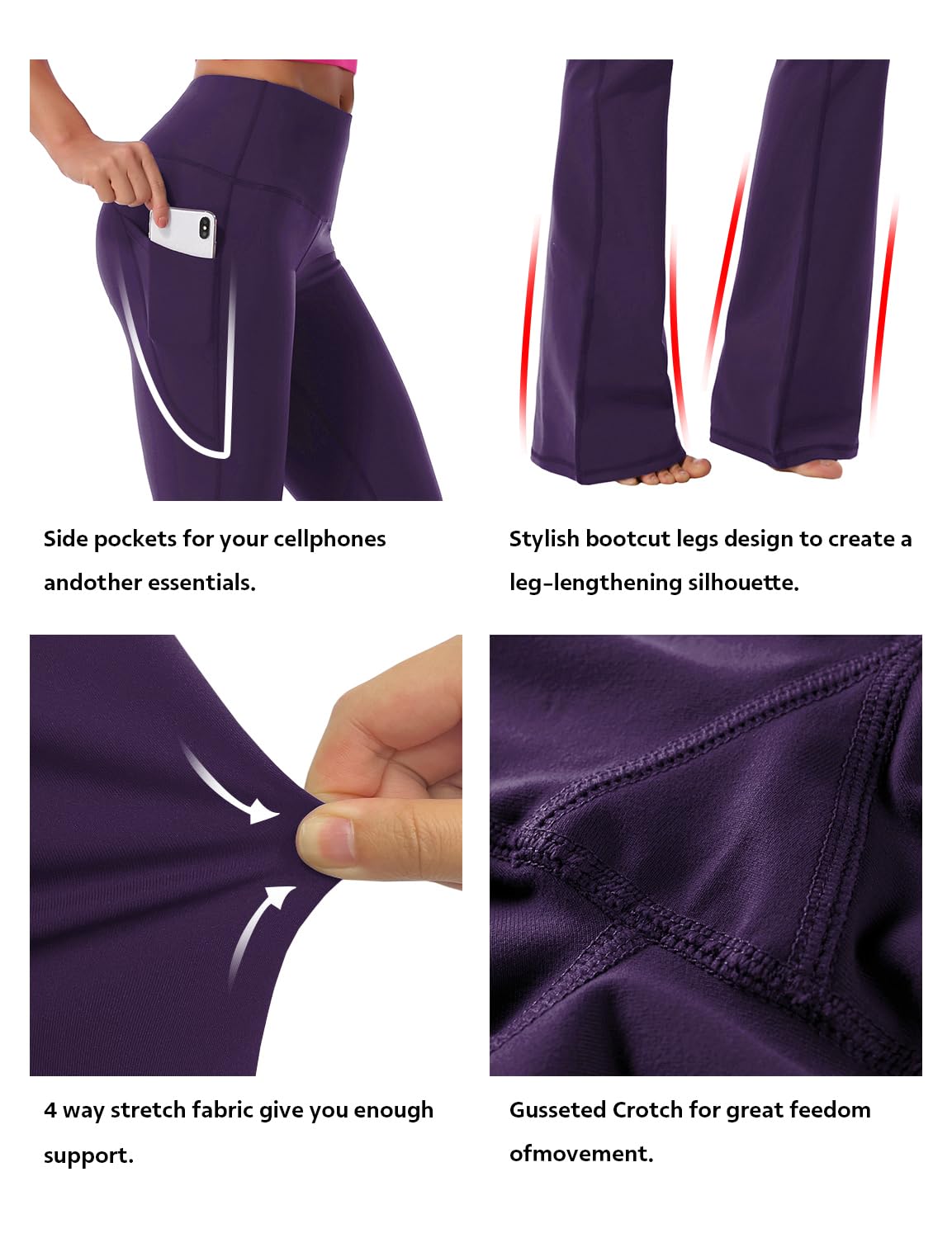 BUBBLELIME 29"/31"/33"/35" 4 Styles Women's Bootcut Yoga Pants Tummy Control - Side Pockets_Darkpurple S_35" Inseam