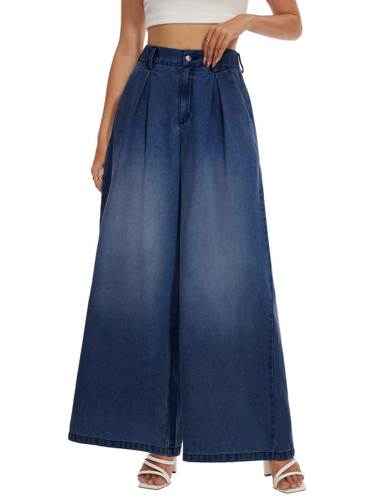 Tapata Women's 33" Inseam Tall Wide Leg Jeans High Waisted Baggy Denim Pants Palazzo Trousers, Dark Blue, M
