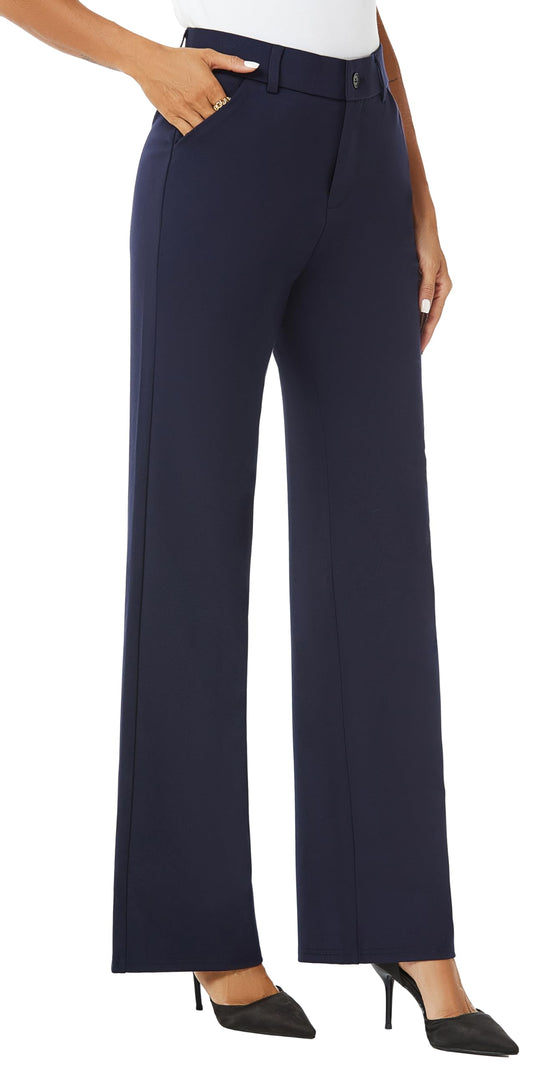 iChosy Womens High Waist Wide Straight Leg Trousers Casual Slacks Dress Pants with Pockets Navy 12 ExtraTall