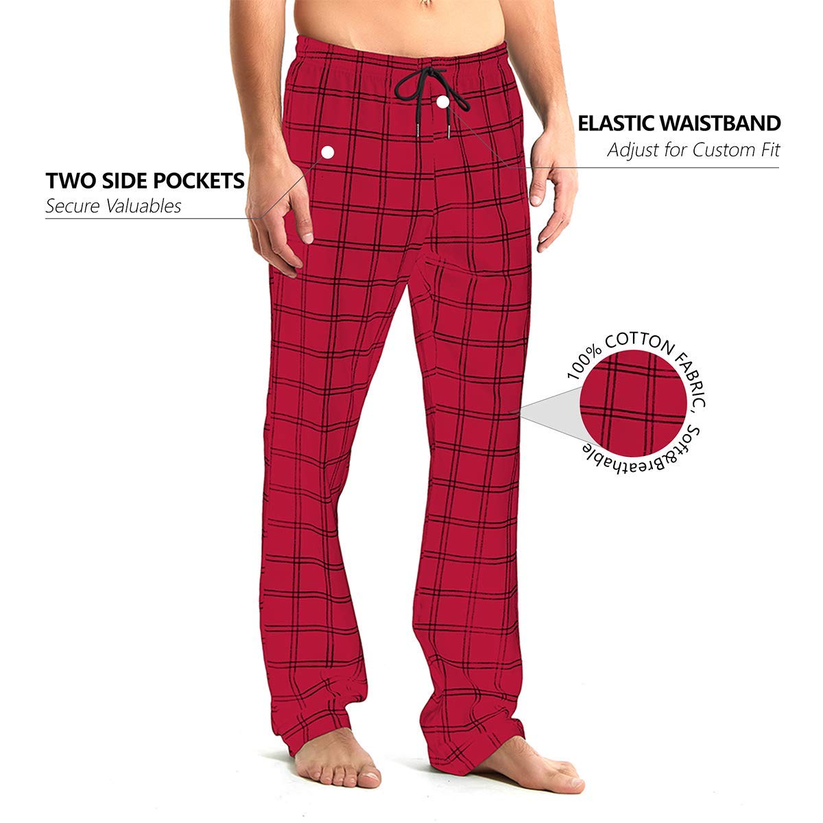 Idtswch Mens Tall Pajama Pants 38" Inseam Plaid Lounge Pants Sleepwear Pajama Bottoms 100% Cotton Red/Black