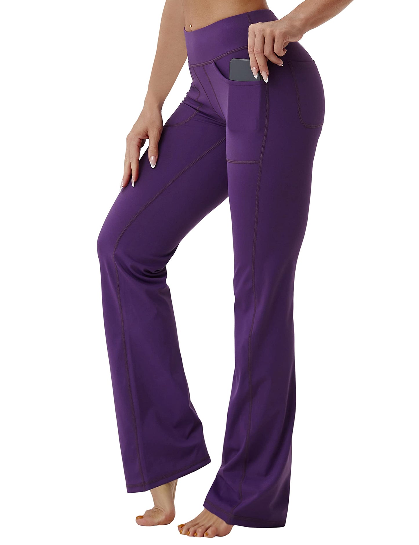 BUBBLELIME 29"/31"/33"/35" 4 Styles Women's High Waist Bootcut Yoga Pants - Out Pockets_EGGPLANTPURPLE XL-35 Inseam