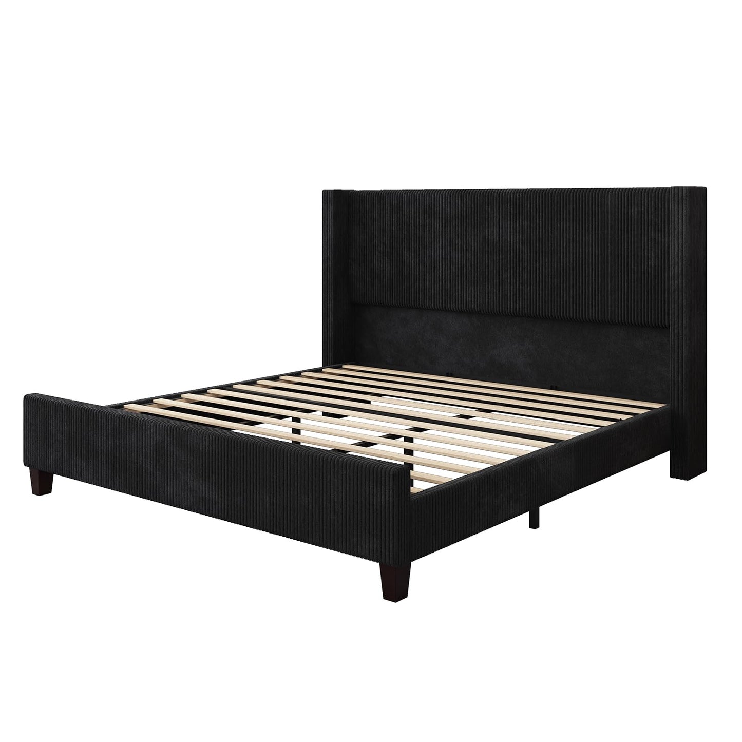 HOWE California King Size Upholstered Bed Frame, Wingback Platform Bed with 50.8" Headboard, Corduroy/Solid Wood Leg/No Box Spring Needed/Noise Free/Black