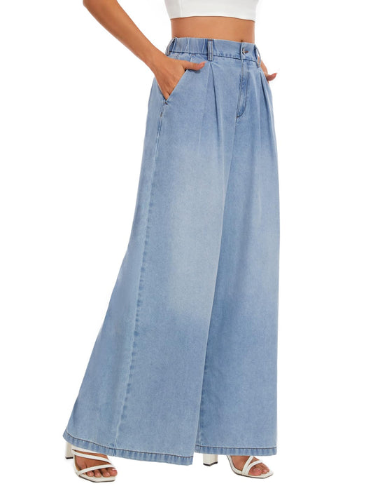 Tapata Women's 33" Inseam Tall Wide Leg Jeans High Waisted Baggy Denim Pants Palazzo Trousers, Light Blue, S