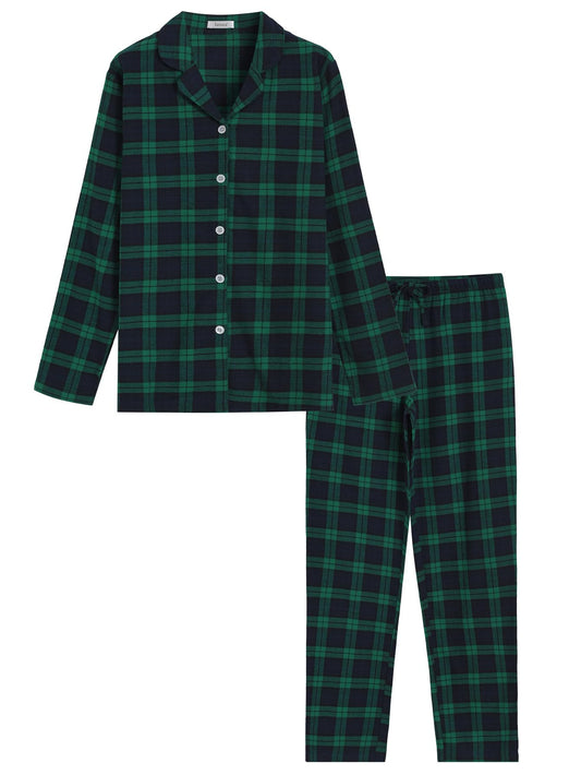 Latuza Women's Tall Flannel Pajama Set Extra Long Button Up Top Pants Pj Set XL Navy Green