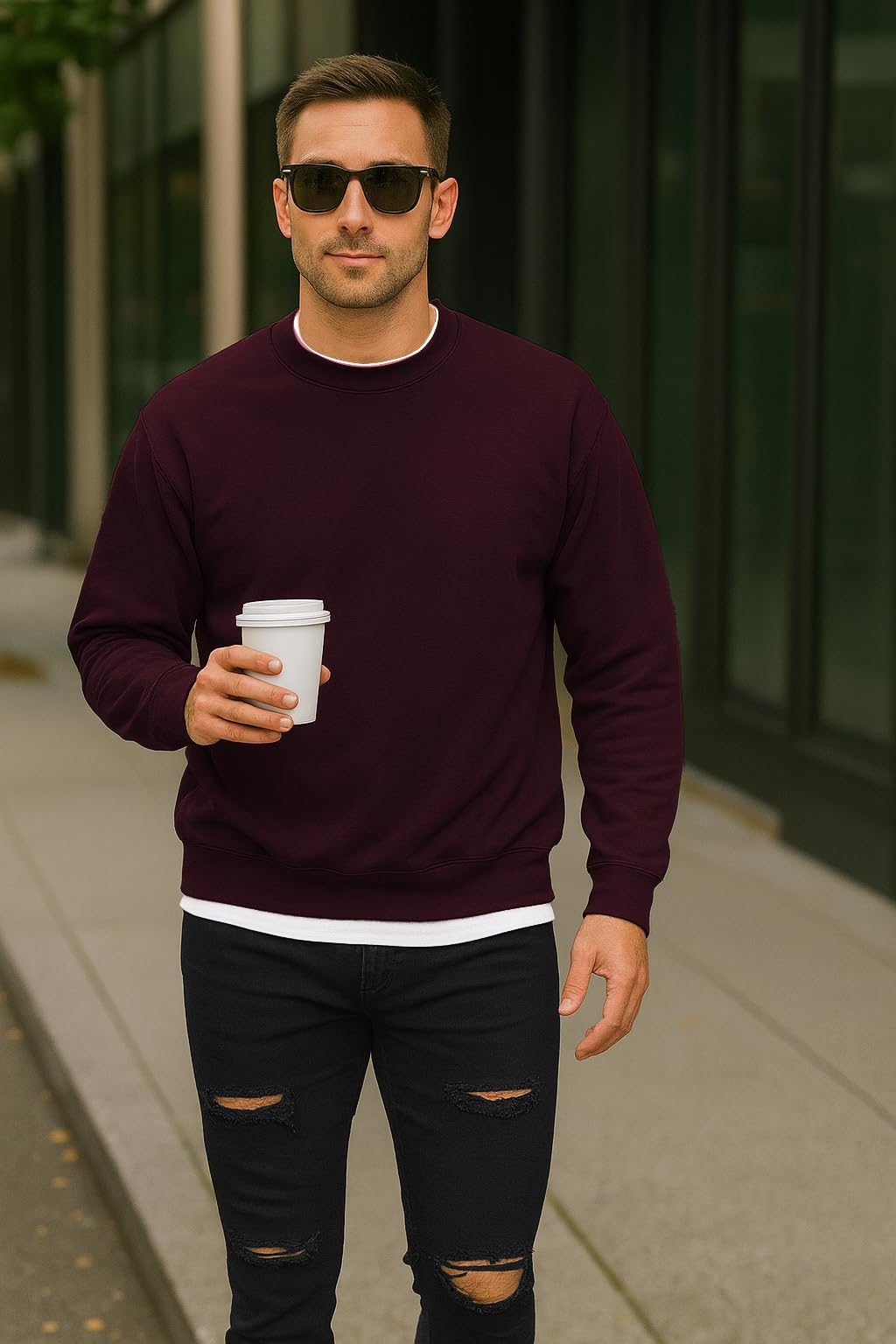 JustBlanks Fleece Sweatshirt for Men Tall Men’s Sweatshirt Crewneck Sweatshirt Relaxed-Fit Pullover Sweatshirt - Maroon - XLT