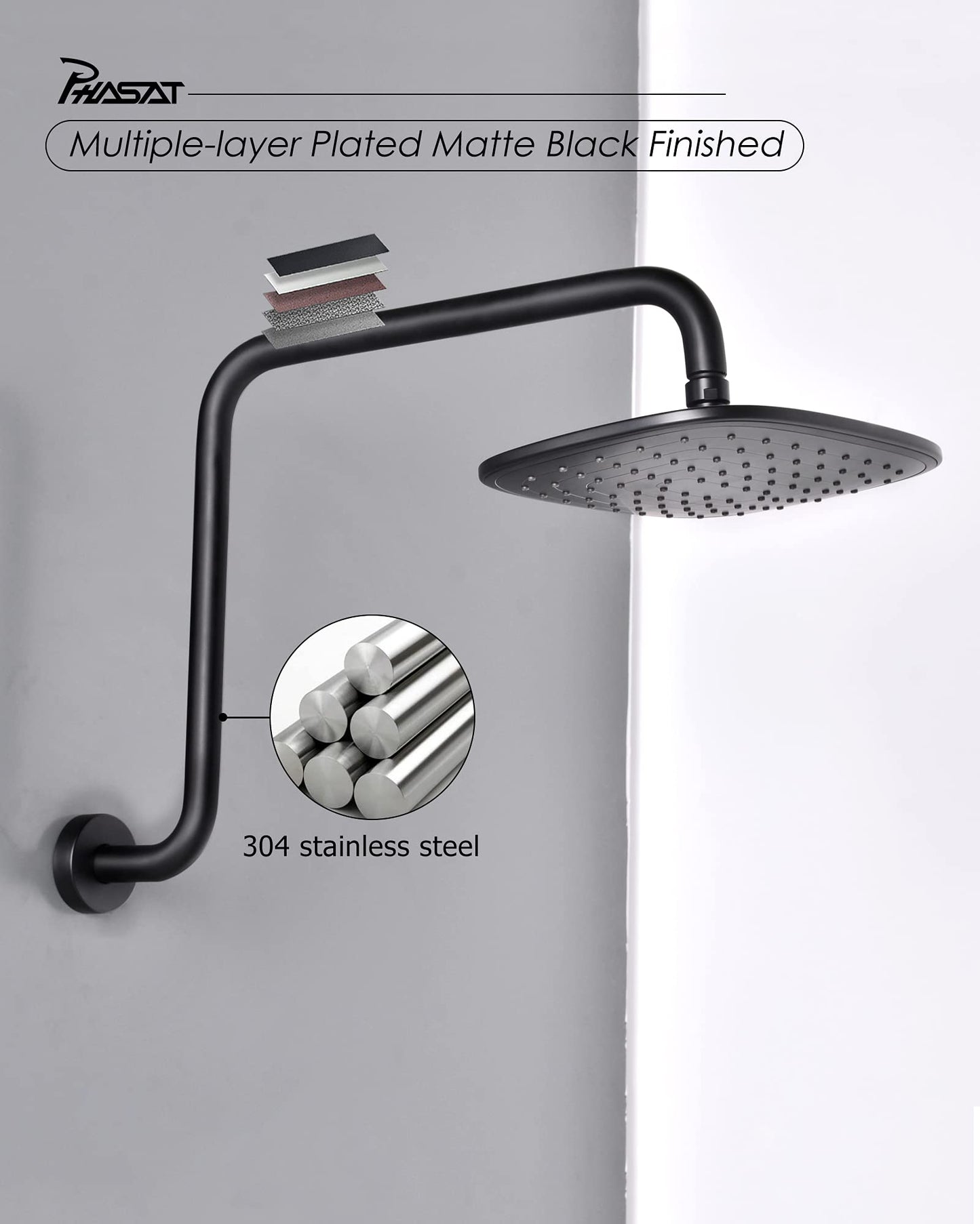 PHASAT 16 Inches Black Shower Head Arm,S Shaped Shower Arm with Flange,High Rise Shower Head Extension Matte Black,PU9H02