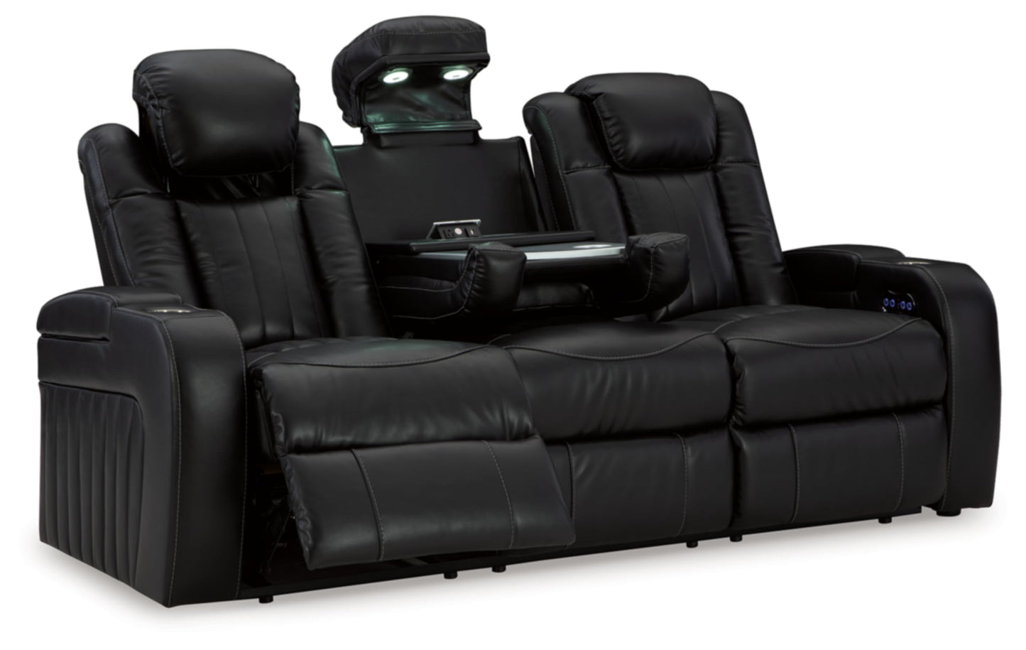 Signature Design by Ashley Caveman Den Modern Faux Leather Power Reclining Sofa with Adjustable Headrest, Drop Down Table, Electrical Outlets and LED Reading Lights, Black