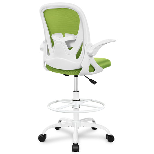 Primy Drafting Chair Tall Office Chair with Flip-up Armrests Executive Ergonomic Computer Standing Desk Chair with Lumbar Support and Adjustable Footrest Ring (Green)
