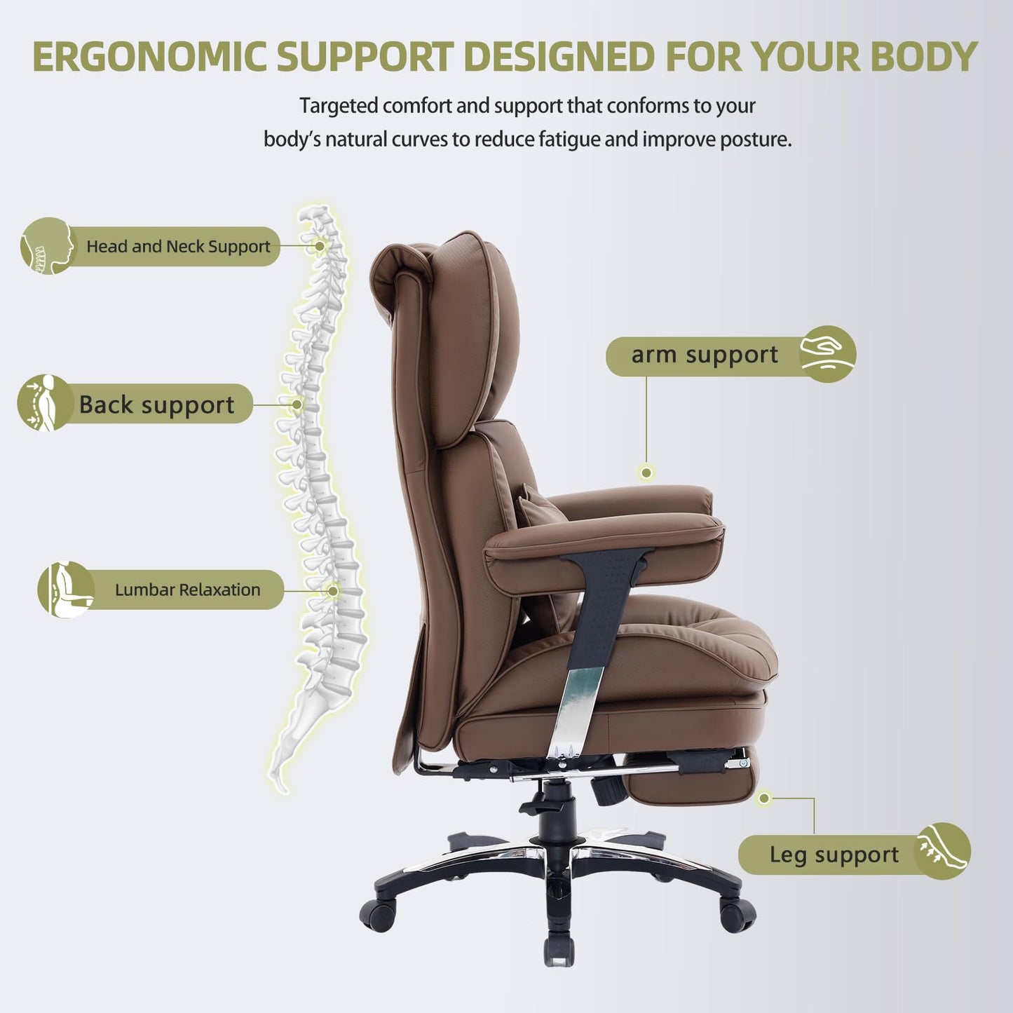 Efomao Big and Tall Office Chair with Footrest – High Back Computer Chair with Adjustable Armrests，Executive Office Chair with Wide Seat, Modern Desk Chair for Home Office, Gaming, or Study, Brown