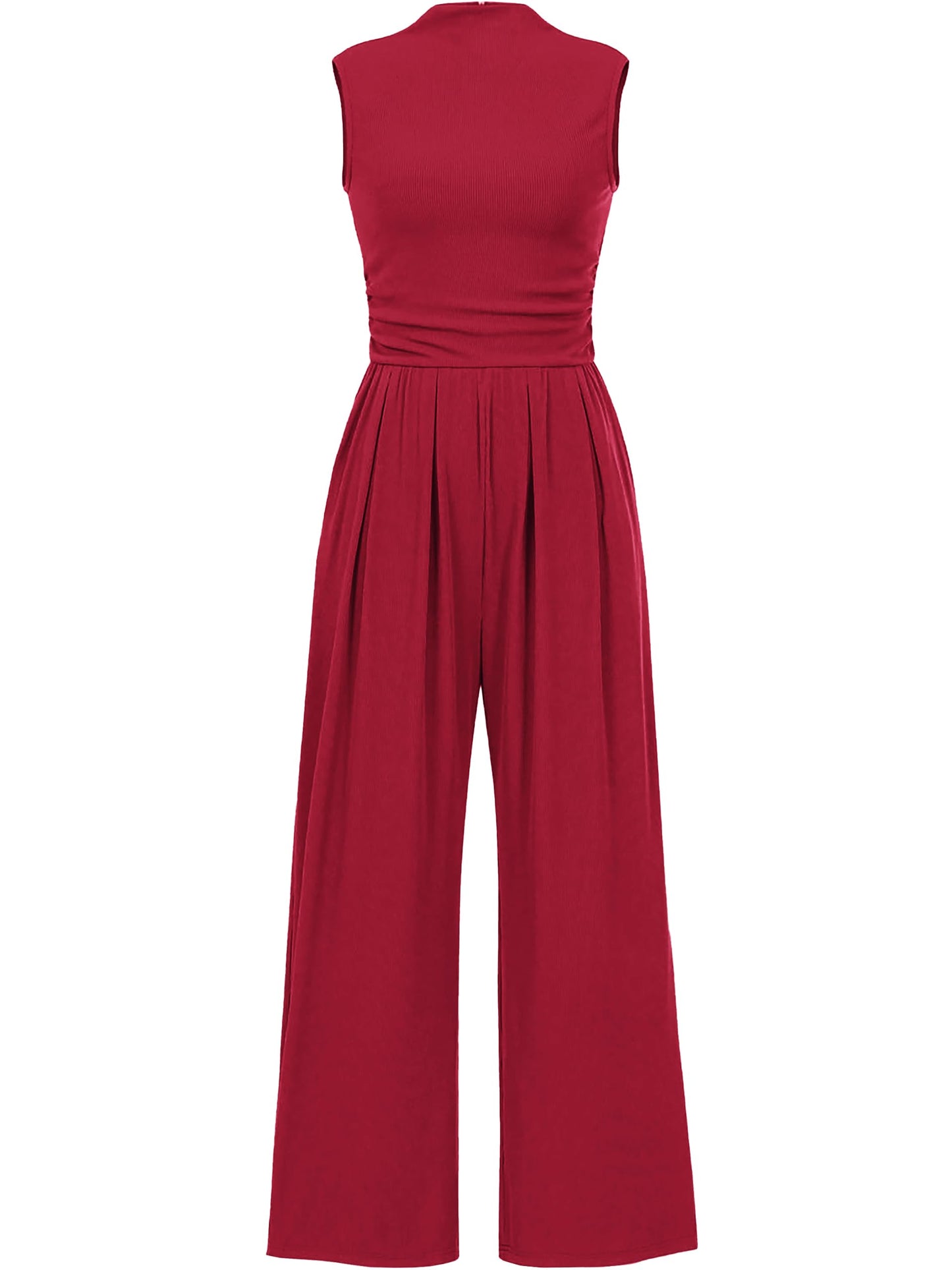 Tapata Women's Jumpsuits Dressy Casual One Piece Outfits Sleeveless Rompers Wide Leg Pants with Pockets, Tall, Burgundy, Large