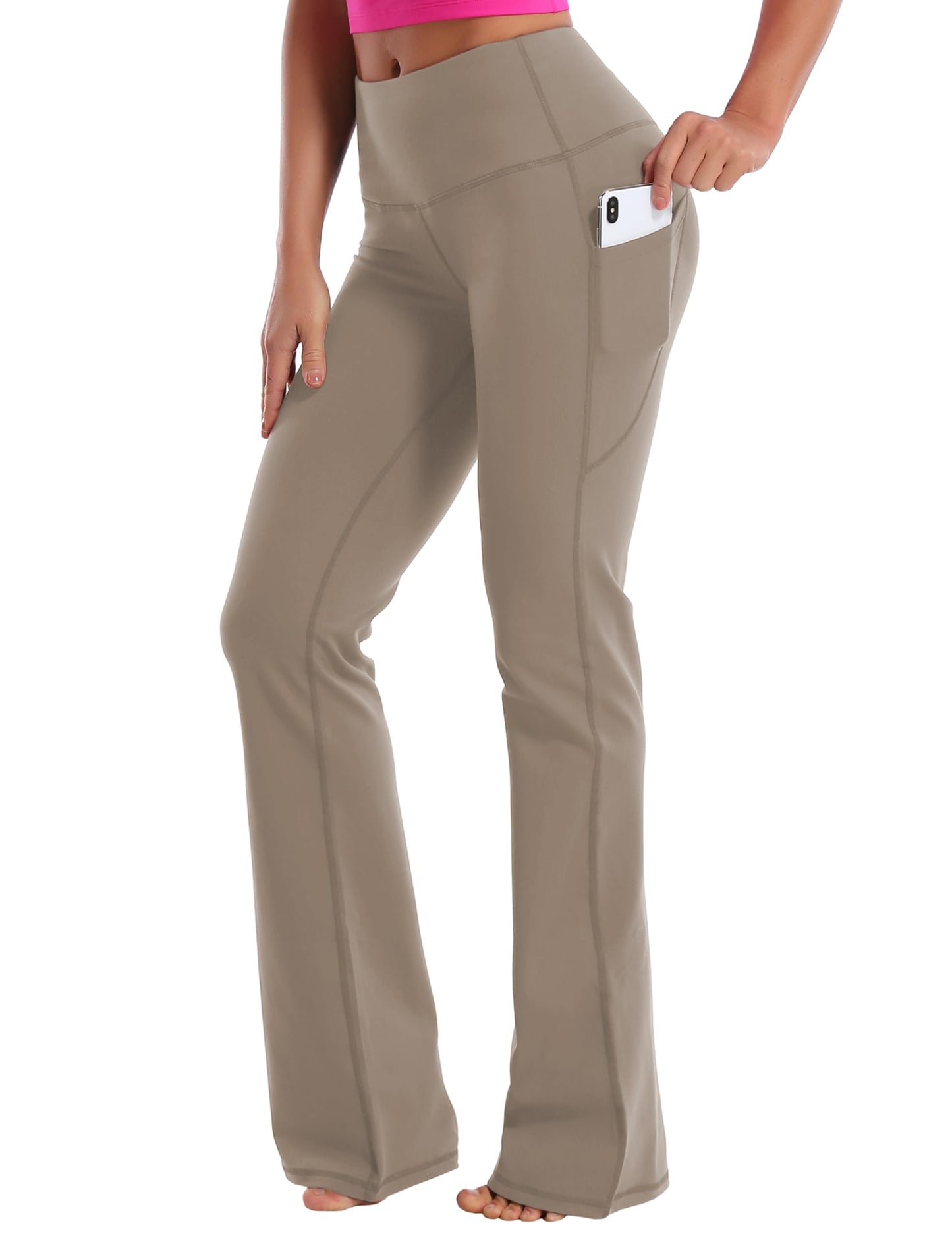 BUBBLELIME 29"/31"/33"/35" 4 Styles Women's Bootcut Yoga Pants Tummy Control - Side Pockets_Dark_Khaki M_35" Inseam