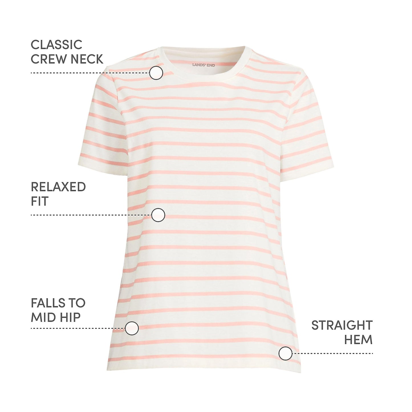 Lands' End Womens Short Sleeve Relaxed Supima Cotton Crew Neck T Shirt Ivory/Peach Breton Stripe Tall Large