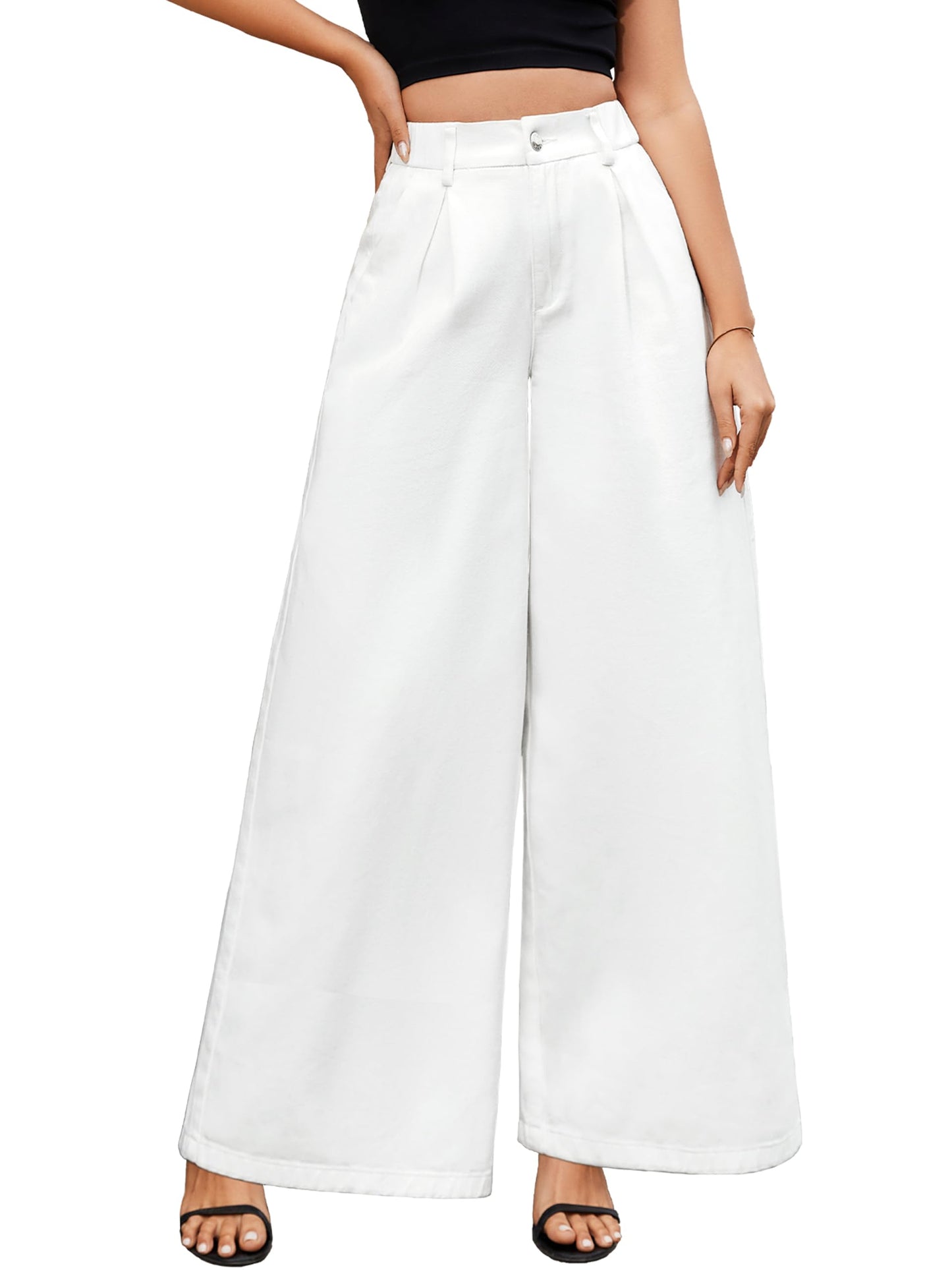 Tapata Women's 33" Inseam Tall Wide Leg Jeans High Waisted Baggy Denim Pants Palazzo Trousers, White, S