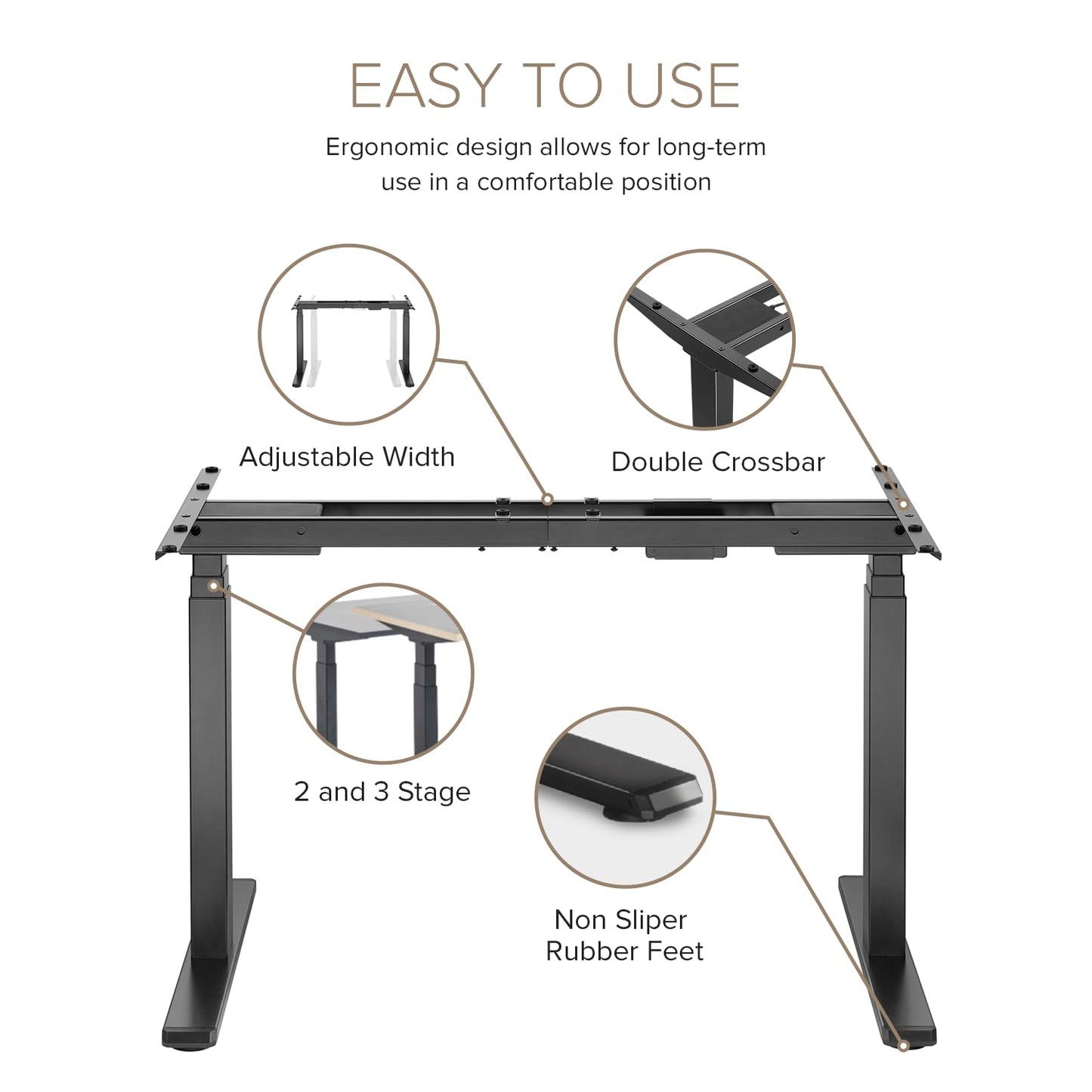 POUT TEKDEC Dual Motor 3-Stage Electric Adjustable Standing Computer Desk Base 24.4” - 51" Height for Home and Office (Black) - 51" Max Height
