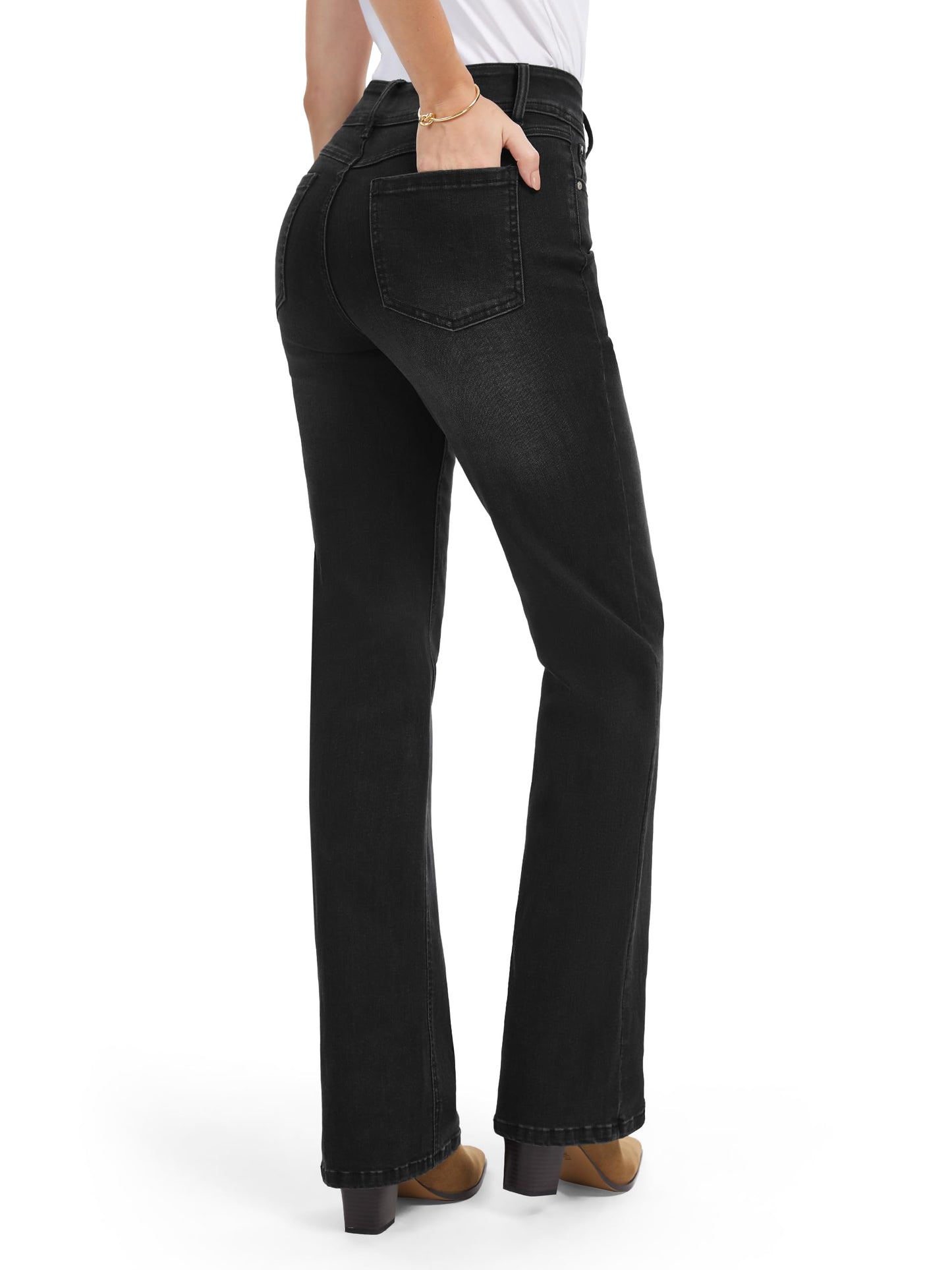 Tallemon Tall Women's Bootcut Jeans Curvy Mid-Rise Stretchy Denim Pants Classic Bell Bottom Trouser,34",Black,16