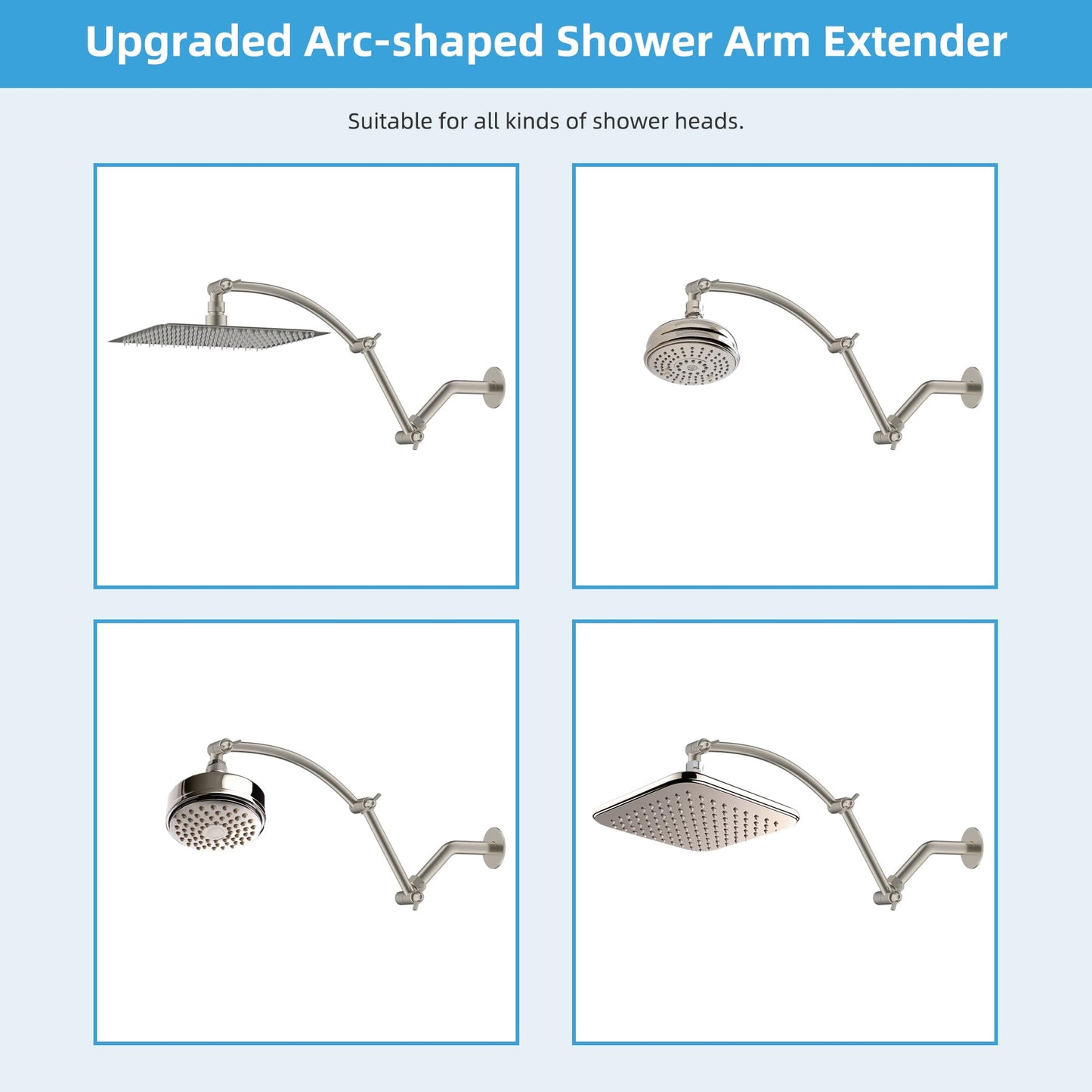 Hibbent Shower Head Extension Arm,16" Solid Brass Adjustable Extender with Lock Joint, Standard 1/2", Rise or Lower Rainfall and Fixed Shower Head,Height/Angle Adjustable Extension Arm, Brushed Nickel
