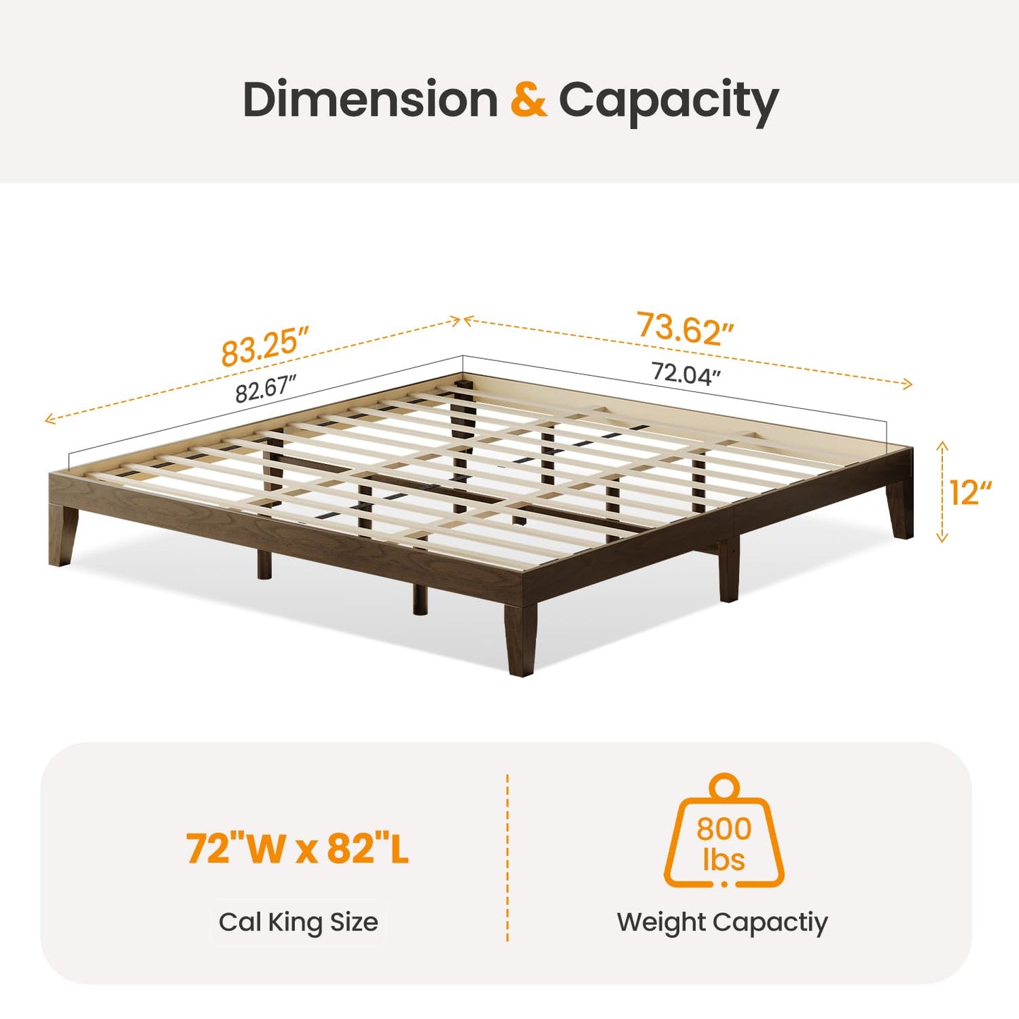Cal King Size Wood Platform Bed Frame, 12 Inch Solid Wood Bed Frame with Wooden Slats, No Box Spring Needed, Easy Assembly,Espresso