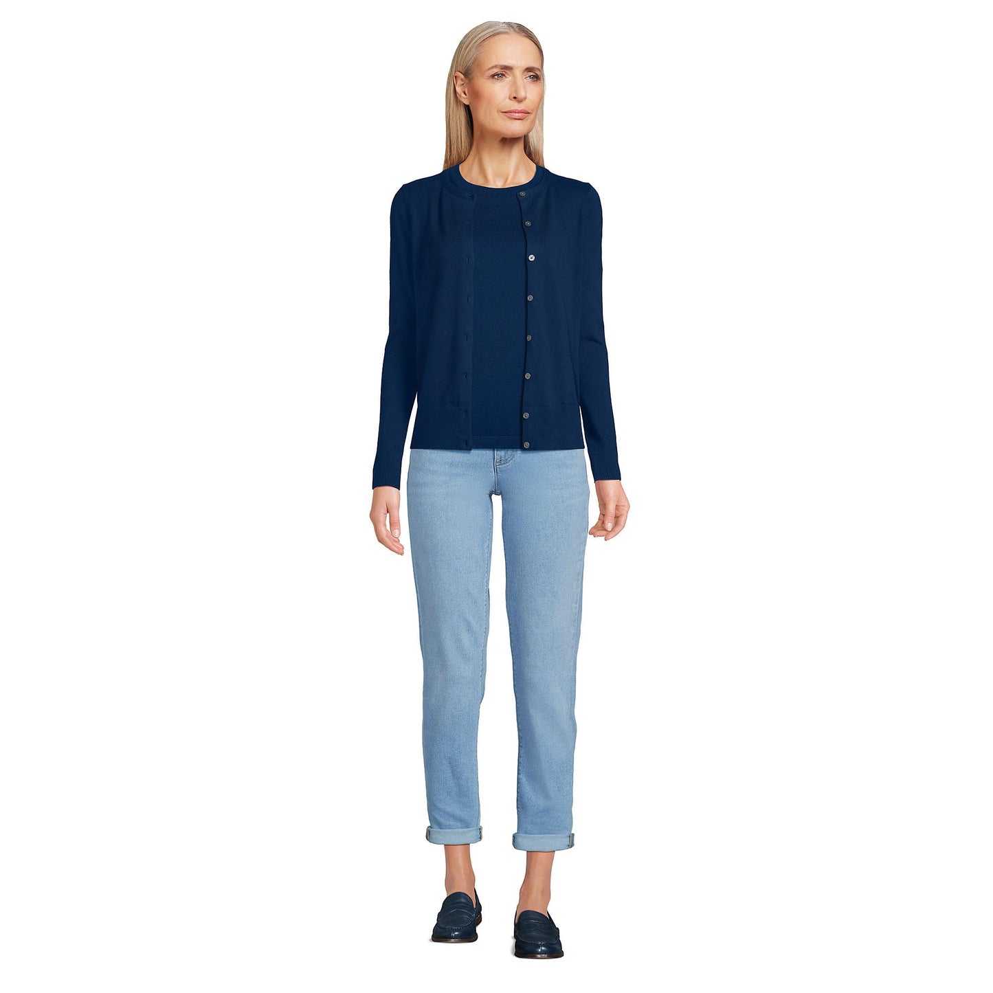 Lands' End Womens FG Cotton Cardigan Sweater Deep Sea Navy Tall Small