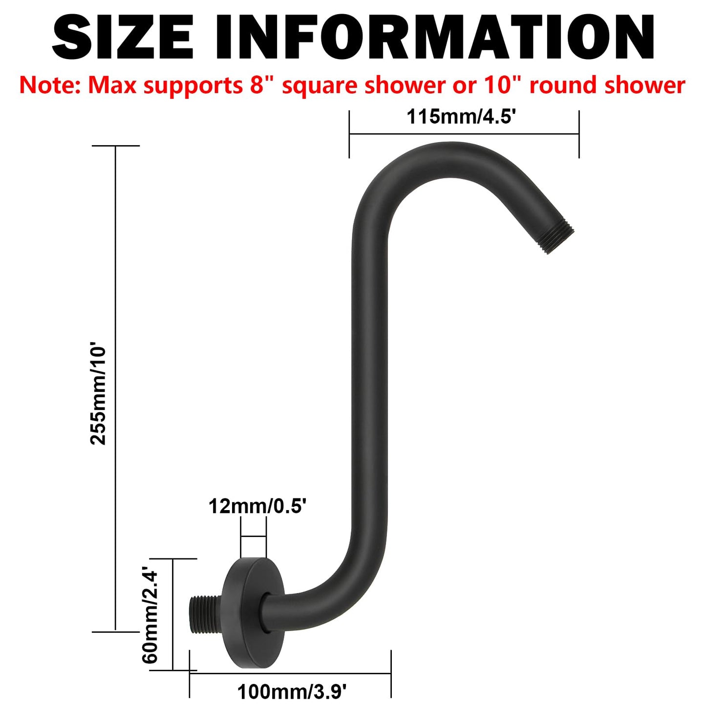 NearMoon S Shaped Shower Head Riser Pipe, Shower Extender Arm with Flange, Standard 1/2" Connection- Bathroom Accessory, 10 Inch (1 Pack, Matte Black)