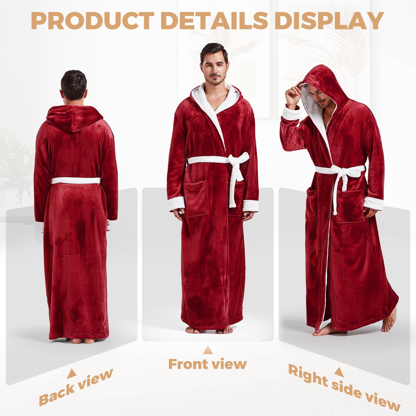 FashGudim Mens Robes Big and Tall with Hood Two-Tone Flannel Fleece Contrast Bathrobe Full Length Plush Long Robe Warm House Coat (Red & White, XXXL)